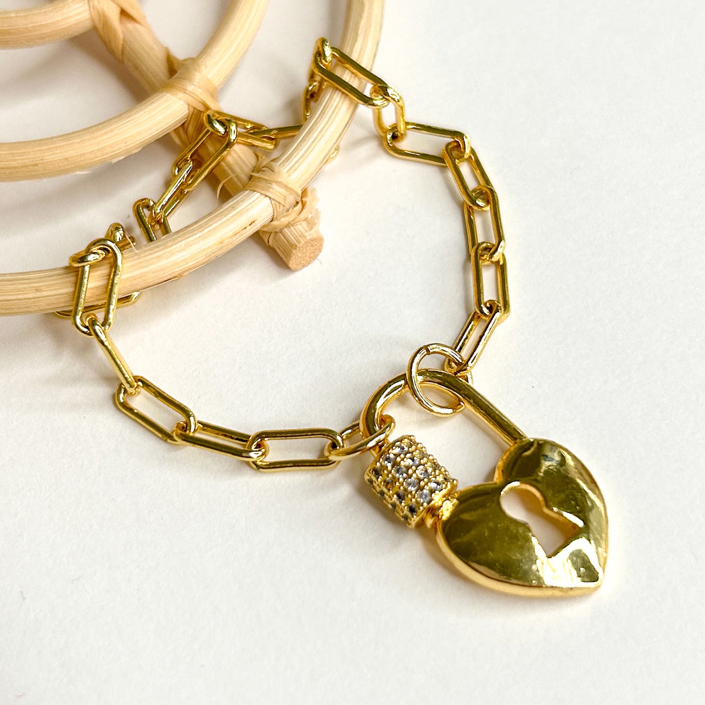 CZ Lock Paperclip Bracelet - 18k Gold Filled