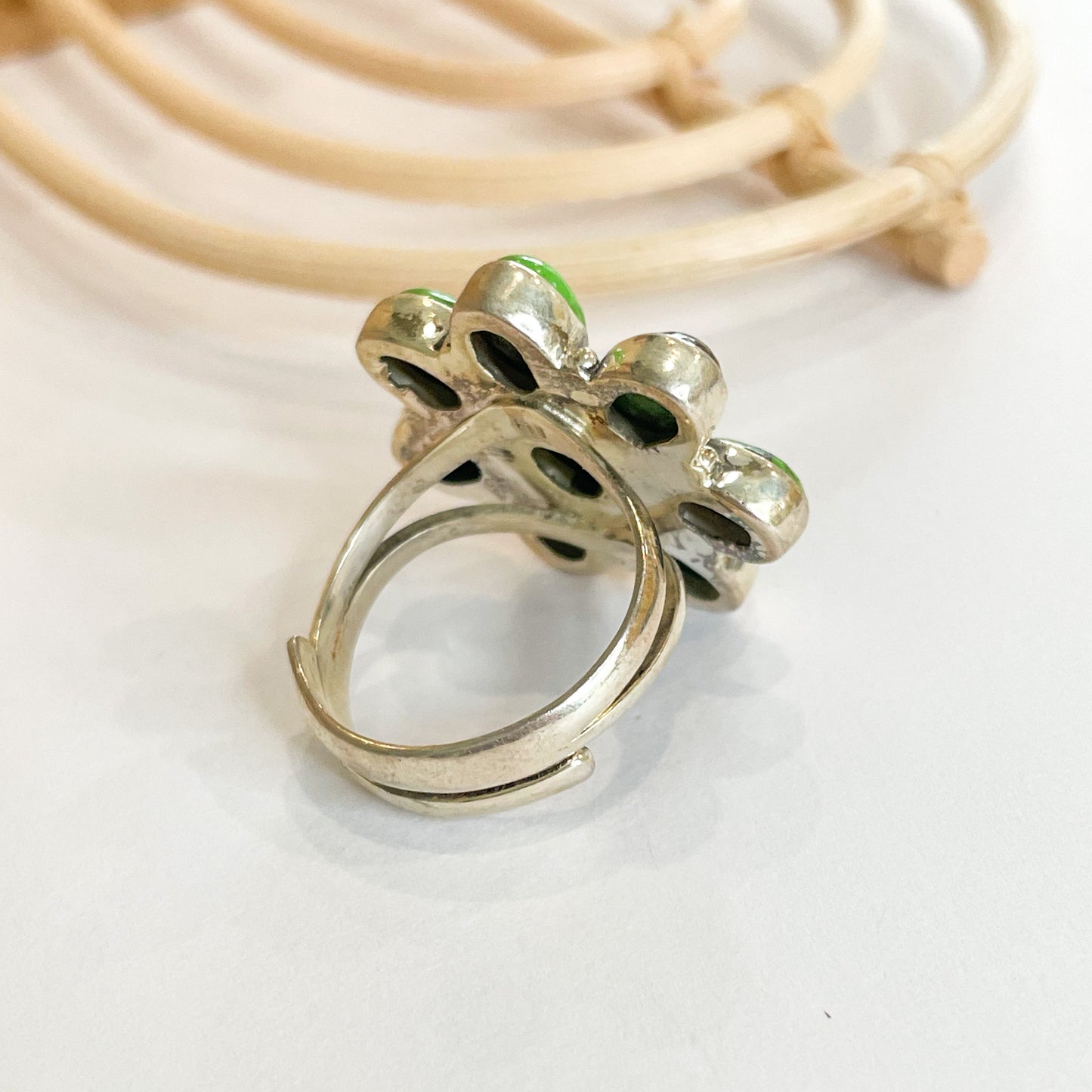 Green Copper Infused Turquoise Flower Ring - Solid Sterling Silver