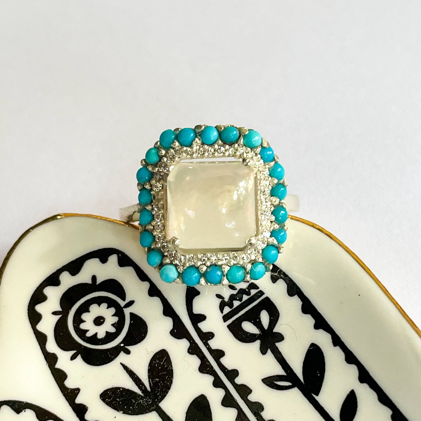 Opal CZ & Turquoise Ring - Solid Sterling Silver