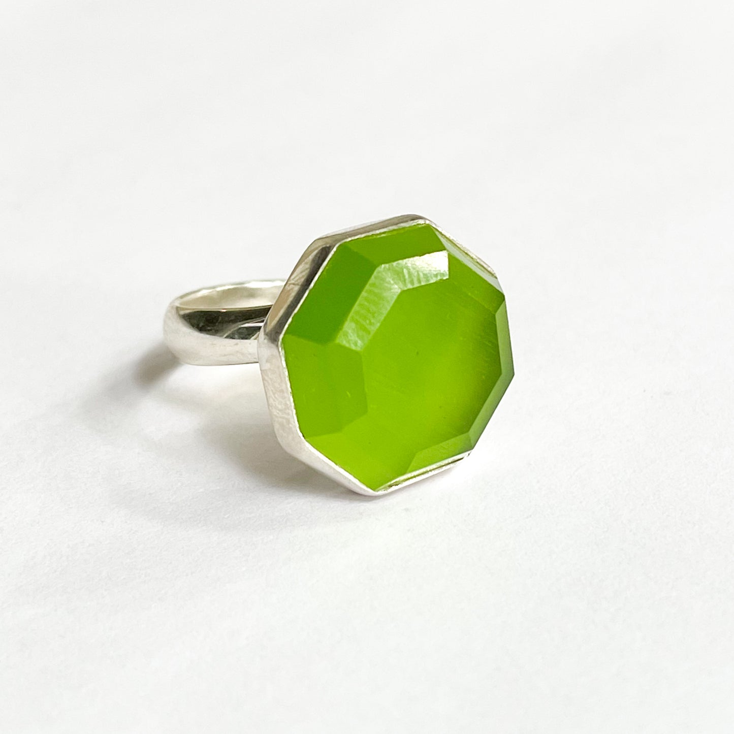 Shimmer Green Hexagon Ring - Solid Sterling Silver
