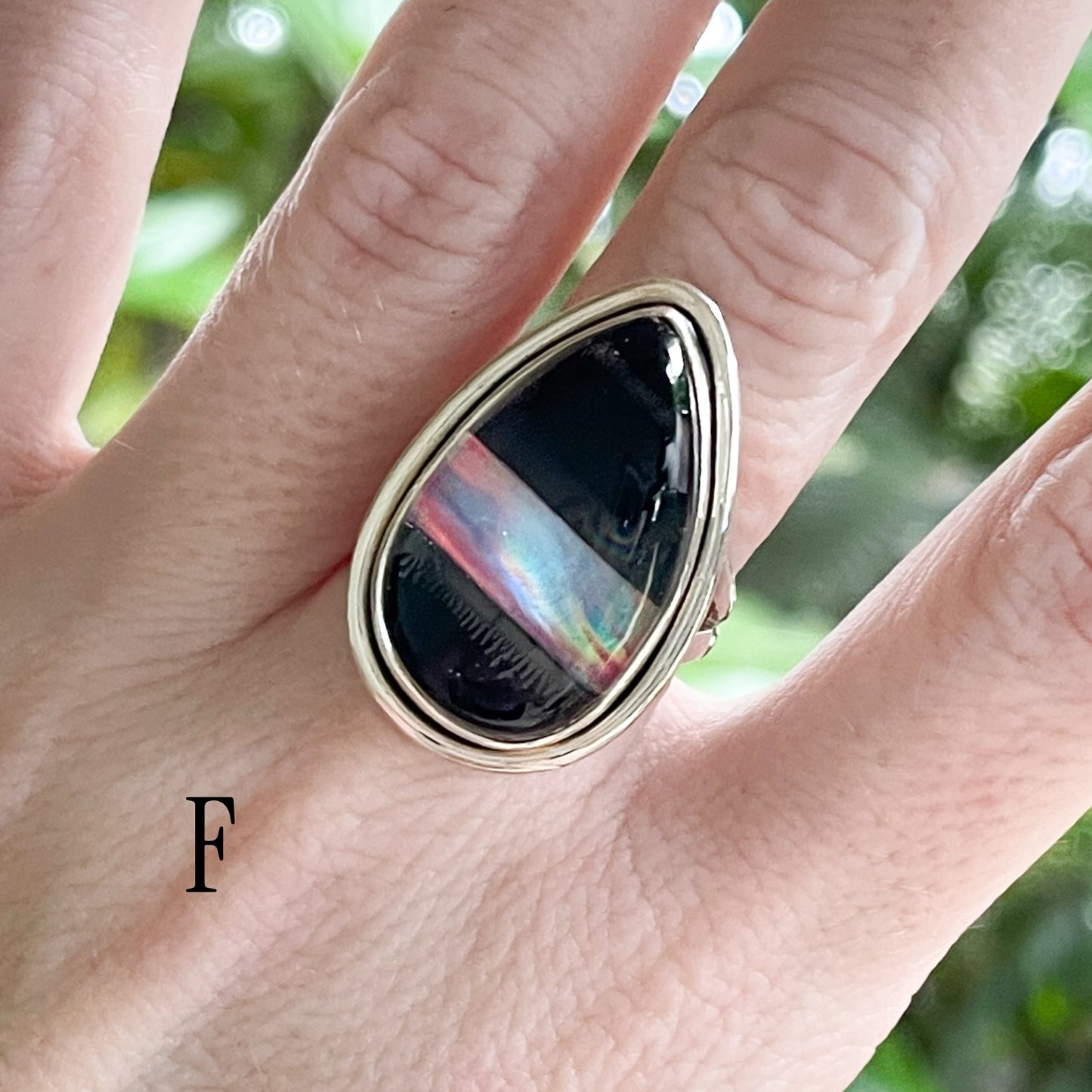 Blk Onyx & Single Galaxy Opal Inlay Ring - Solid Sterling Silver