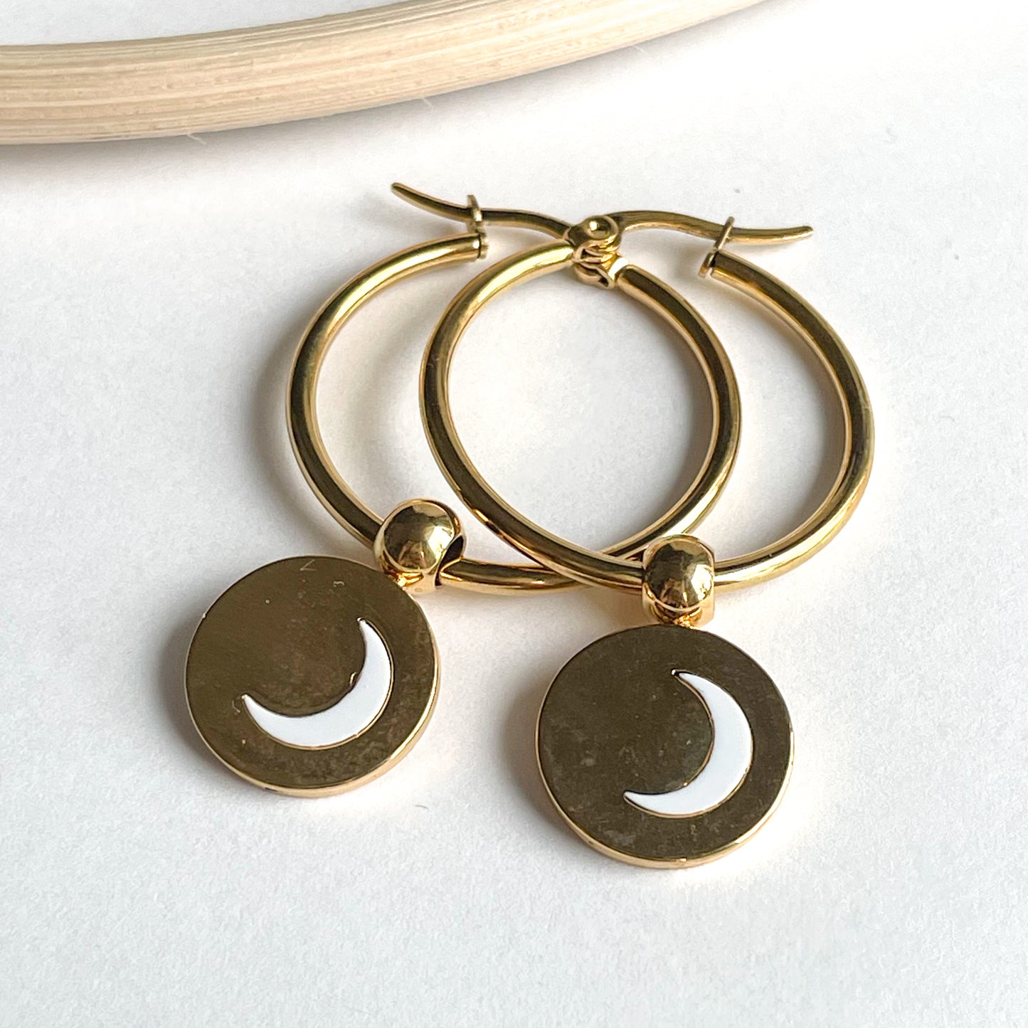 Load image into Gallery viewer, Hoops with Moon Dangles - Brass
