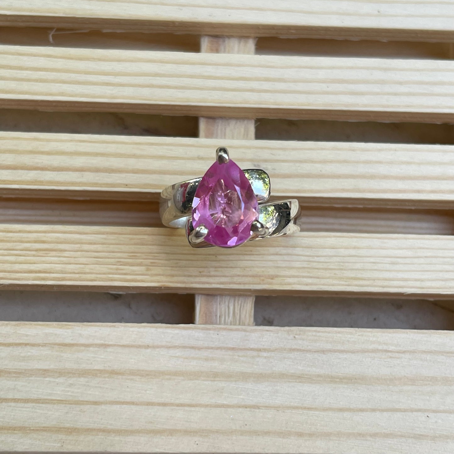 Hot Pink Glass Prong Ring - Solid Sterling Silver
