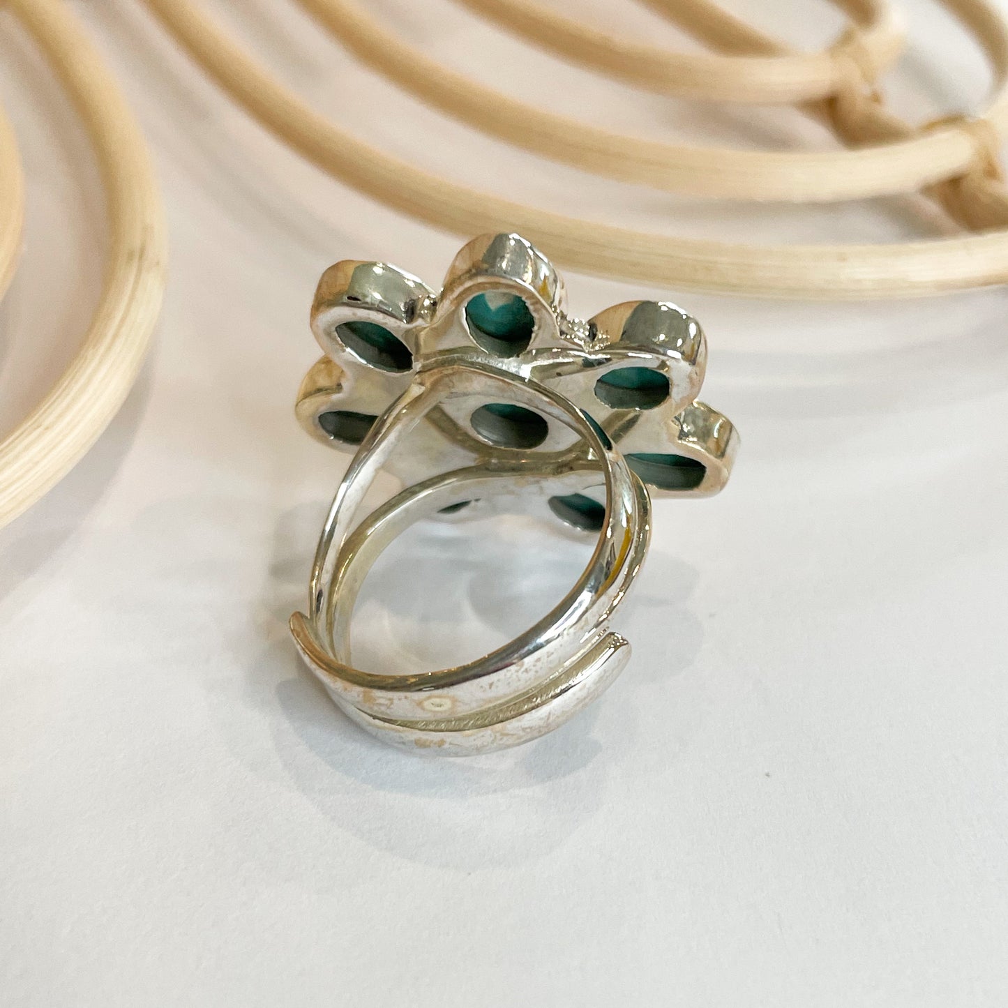 Blue Turquoise Flower Ring - Solid Sterling Silver