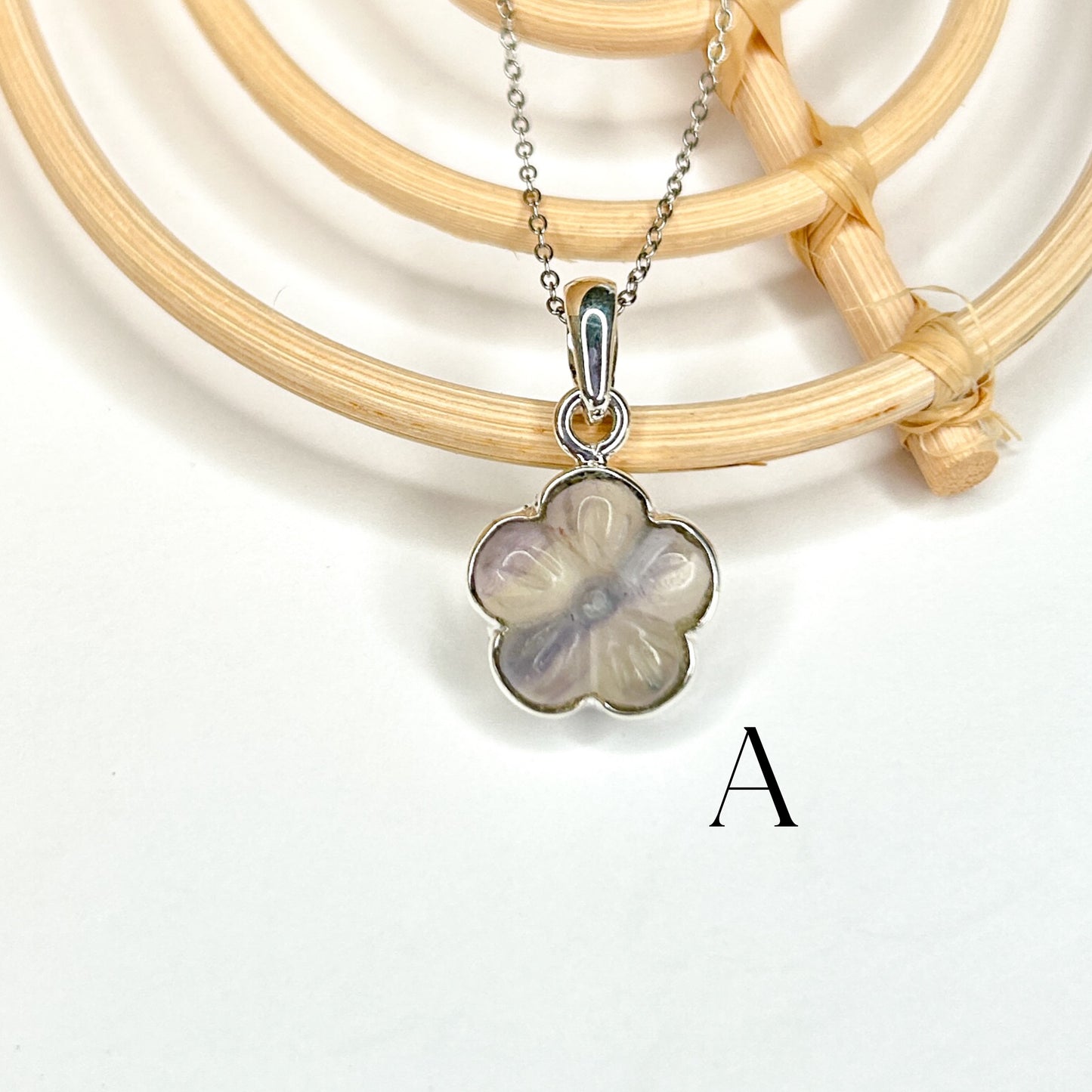 Fluorite Flower Charm Pendant - Solid Sterling Silver