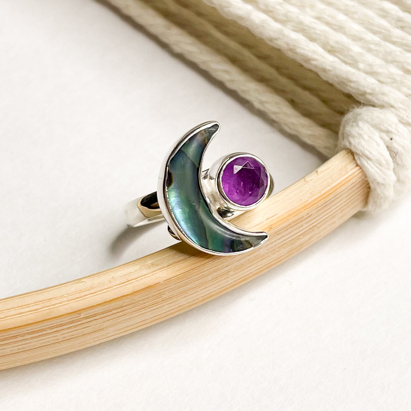 Abalone Moon & Gemstone Bypass Pendant & Ring- Solid Sterling Silver