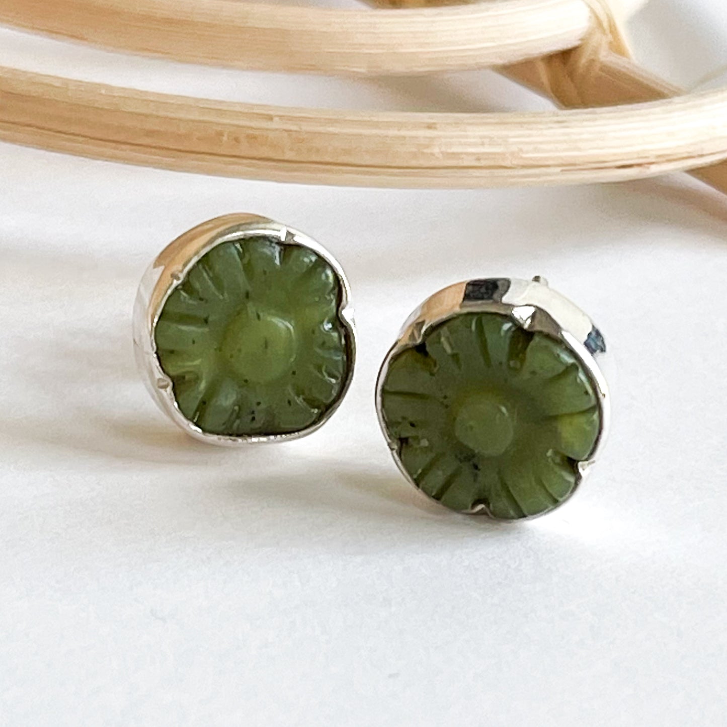 Green Flower Jade Studs - Solid Sterling Silver
