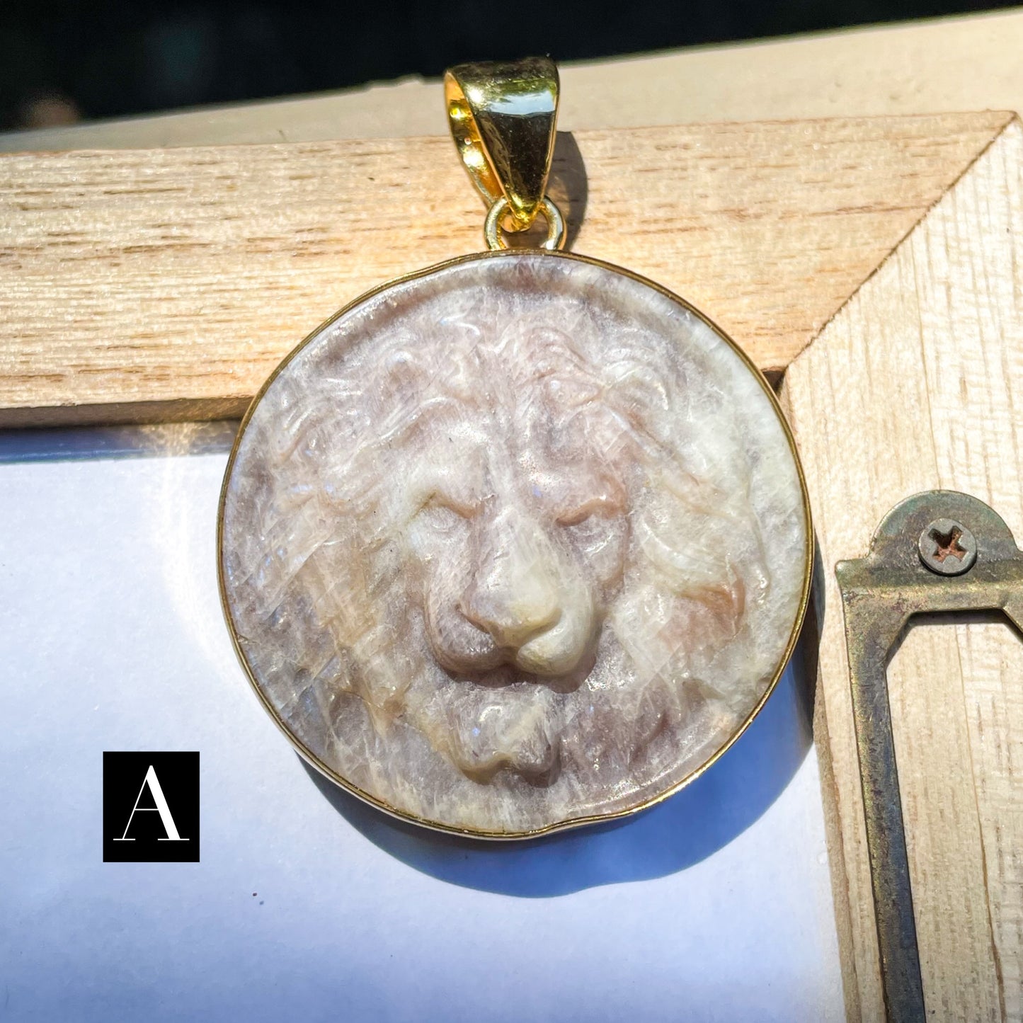 White Moonstone Round Tiger Pendant - Both Metals