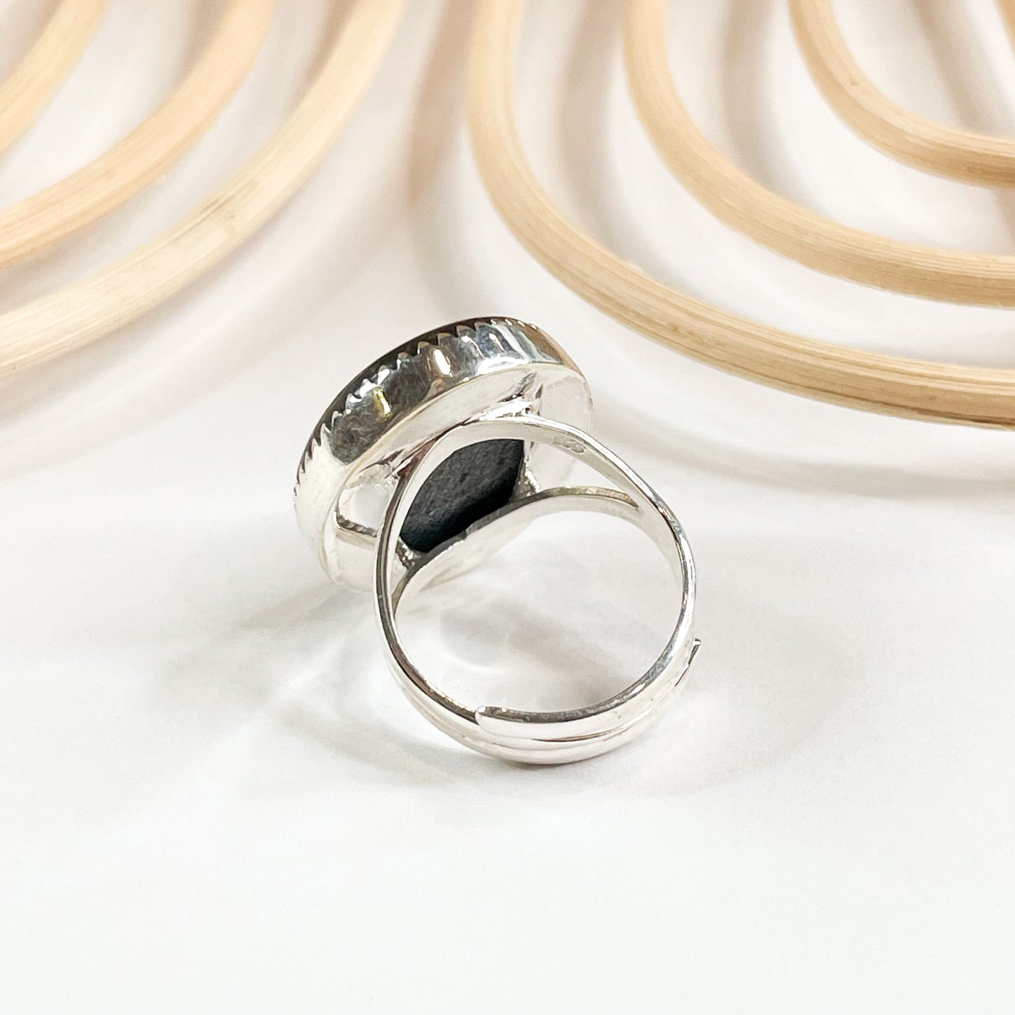 Black Fossil Adjustable Ring - Solid Sterling Silver