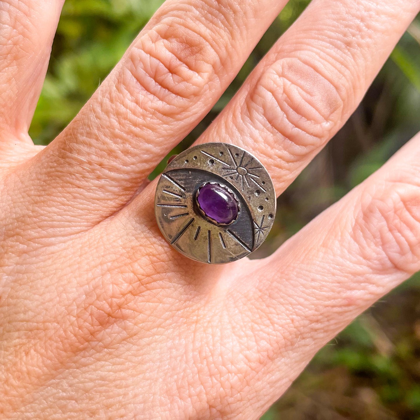 Amethyst Evil Eye Adjustable Ring - Solid Sterling Silver