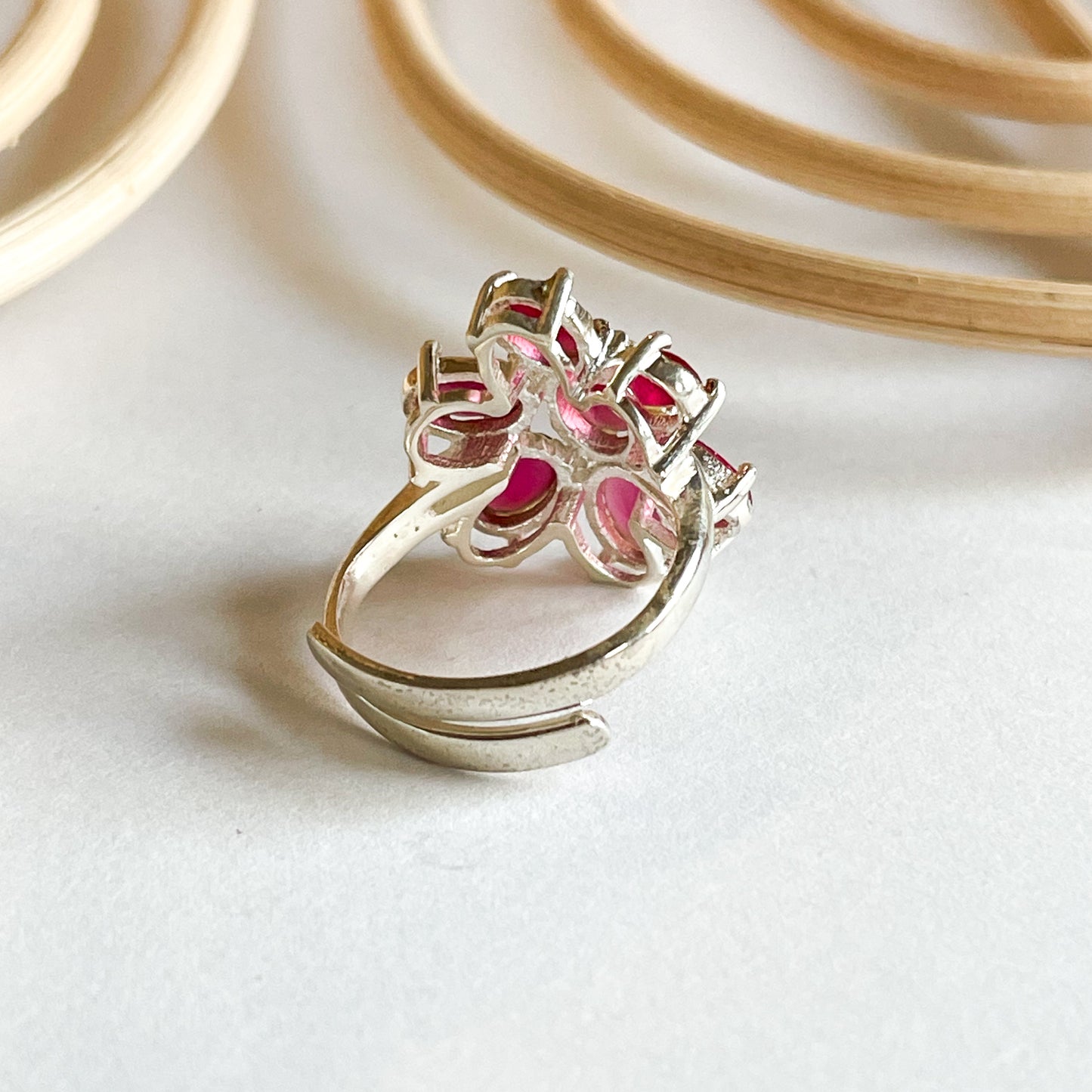Pink Sapphire Flower Ring - Solid Sterling Silver