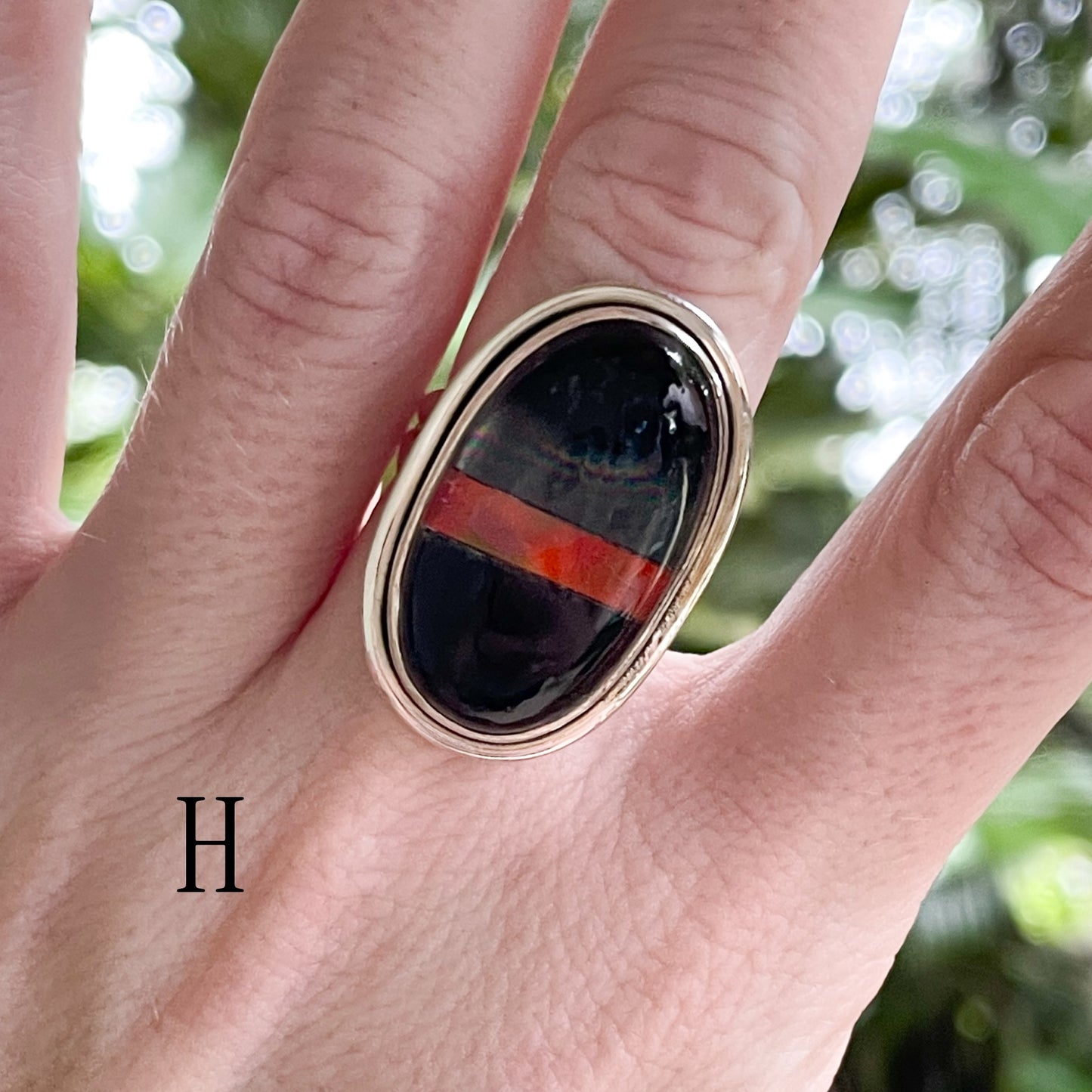 Blk Onyx & Single Galaxy Opal Inlay Ring - Solid Sterling Silver
