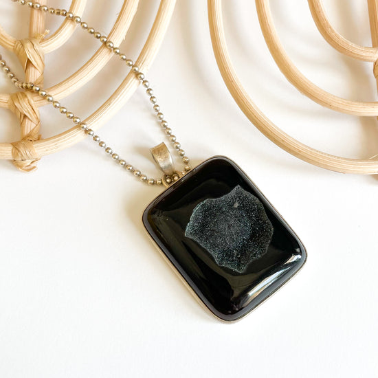 Black Druzy Pendant - Solid Sterling Silver