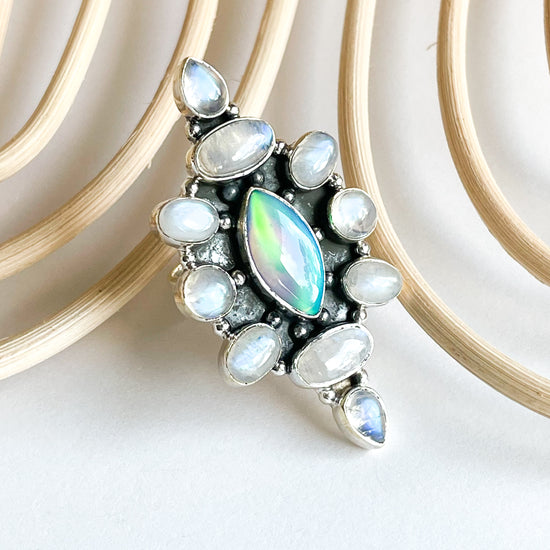 Blue Galaxy Opal & Moonstone Ring - Solid Sterling Silver