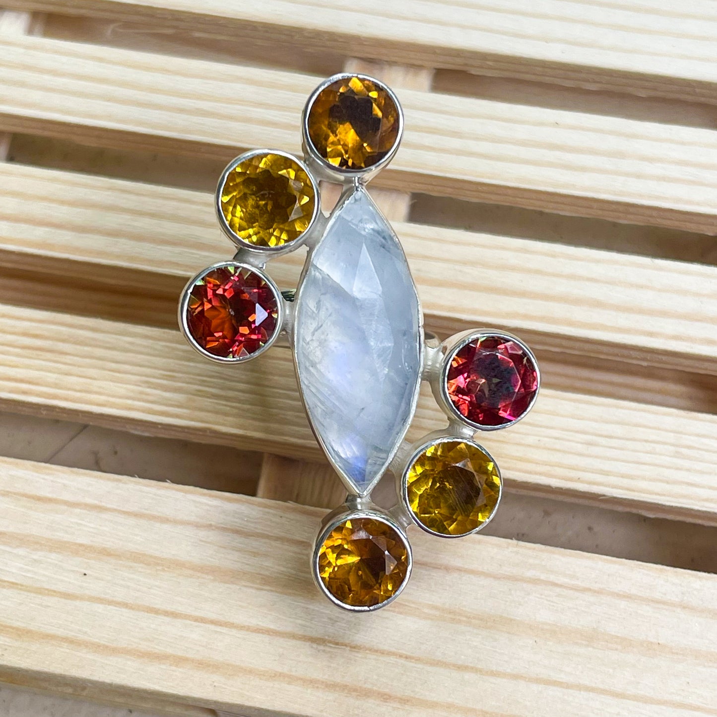 Rainbow Moonstone & Quartz Statement Ring - Solid Sterling Silver