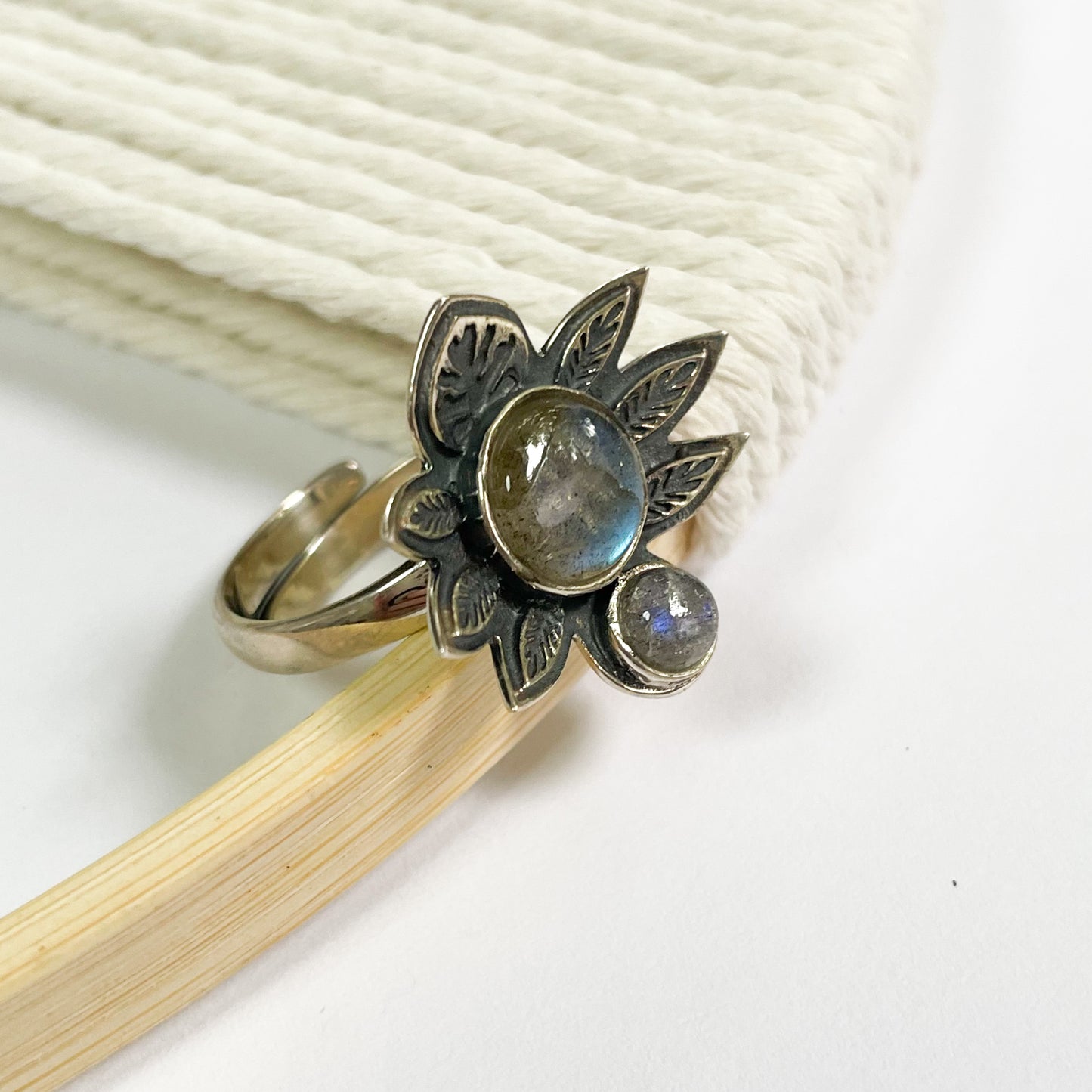 Labradorite Lotus Flower Ring - Solid Sterling Silver