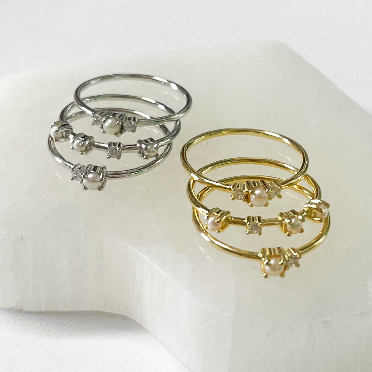 Triple Pearl & CZ Stack Rings -SSS or Vermeil