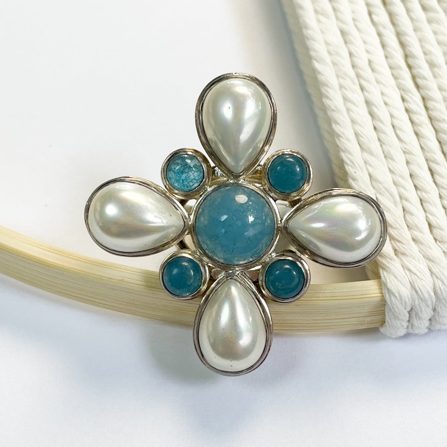 Blue Chalcedony Pearl Statement Ring - Solid Sterling Silver