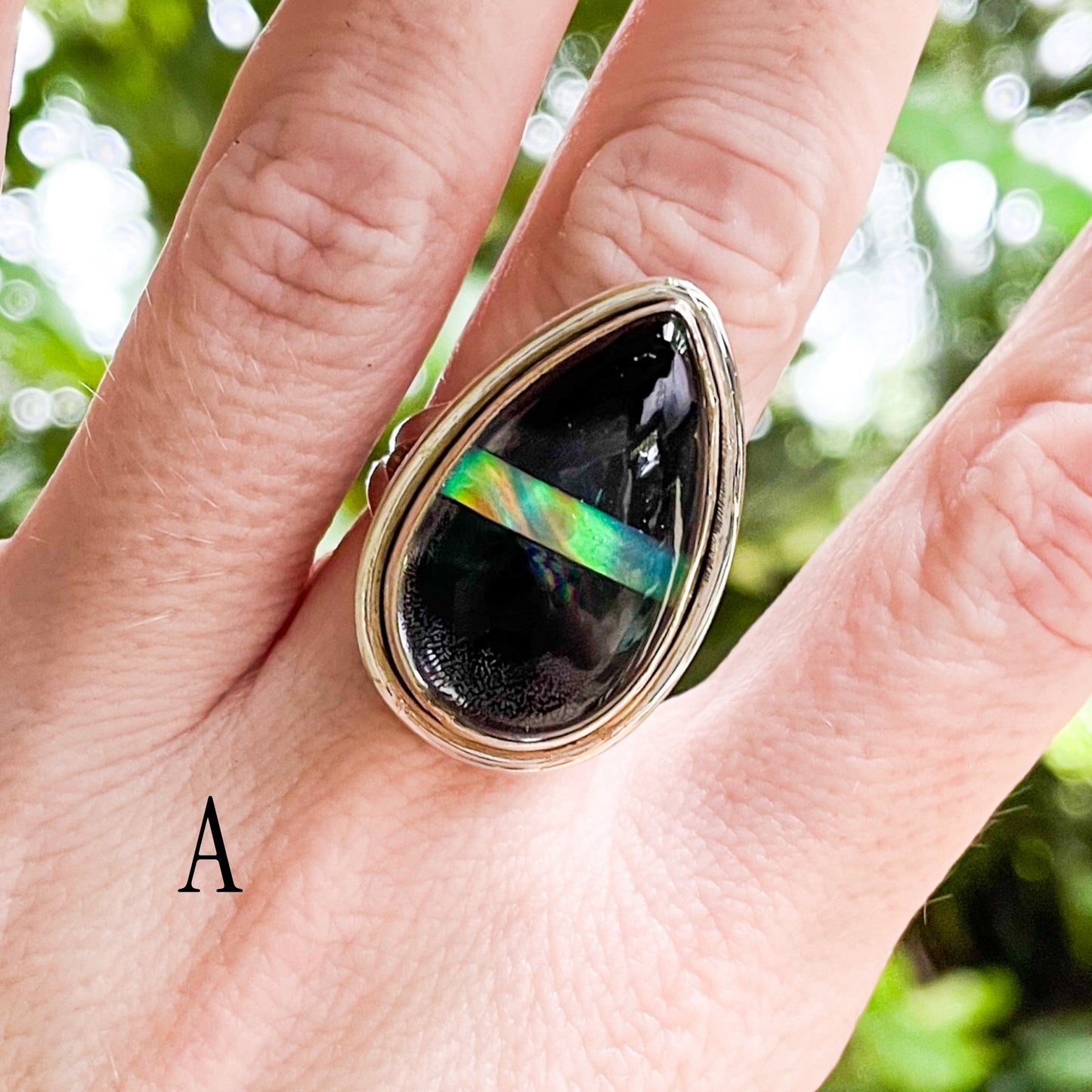 Blk Onyx & Single Galaxy Opal Inlay Ring - Solid Sterling Silver