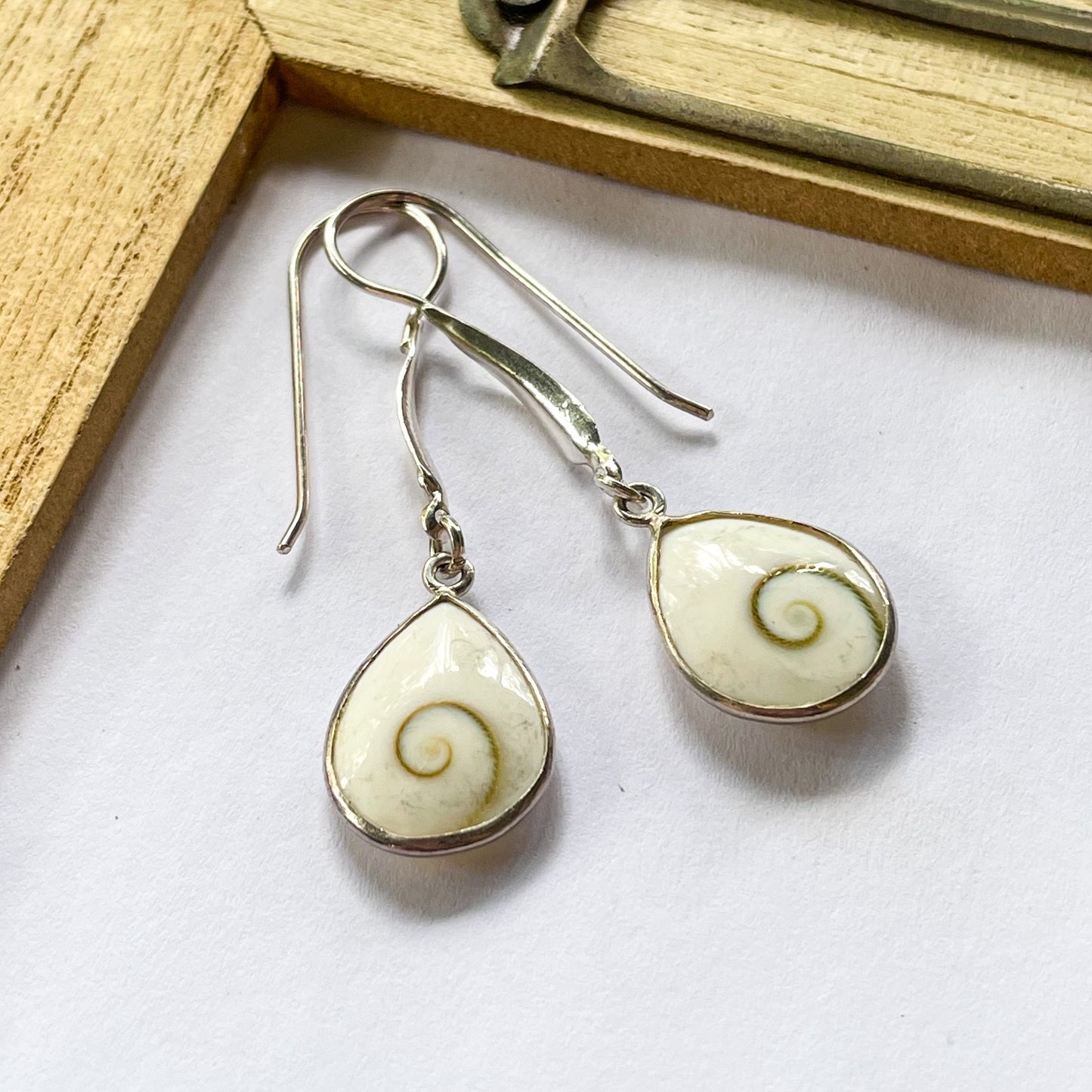 White Shell Swirl Dangle Earrings - Solid Sterling Silver