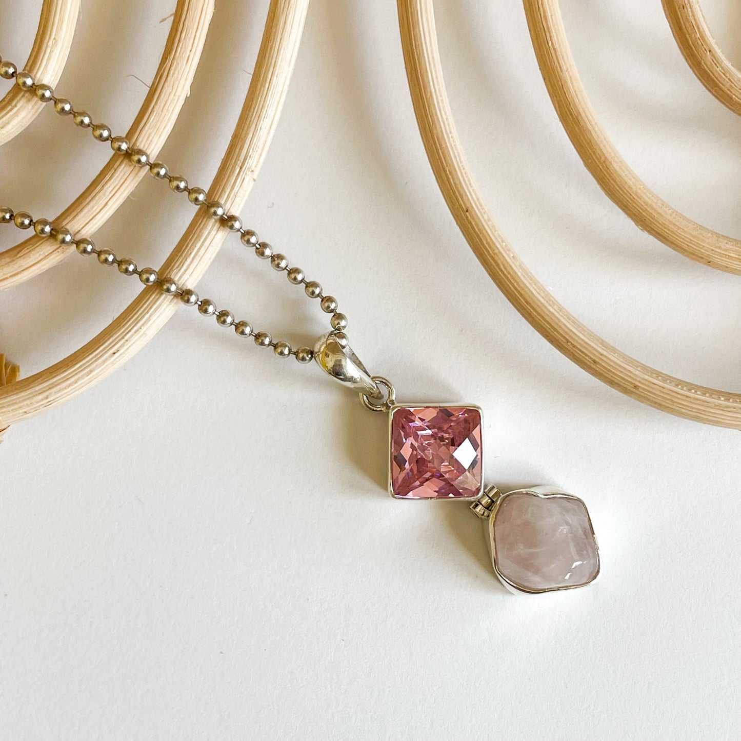 Rose Quartz & Pink Sapphire Pendant - Solid Sterling Silver
