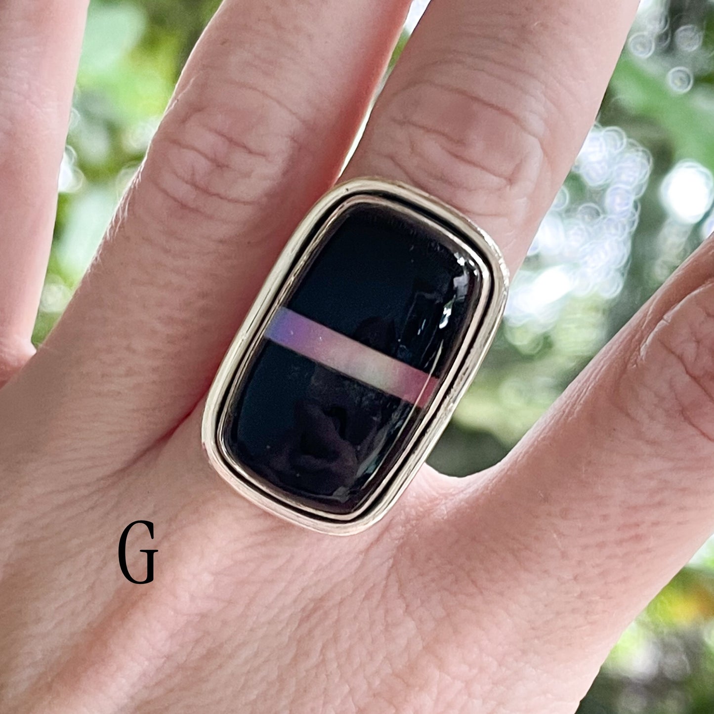 Blk Onyx & Single Galaxy Opal Inlay Ring - Solid Sterling Silver