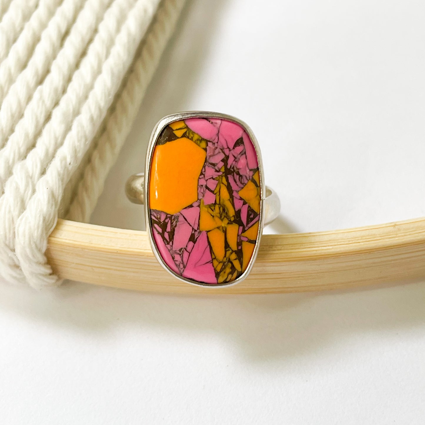 Orange & Pink Jasper Ring - Solid Sterling Silver