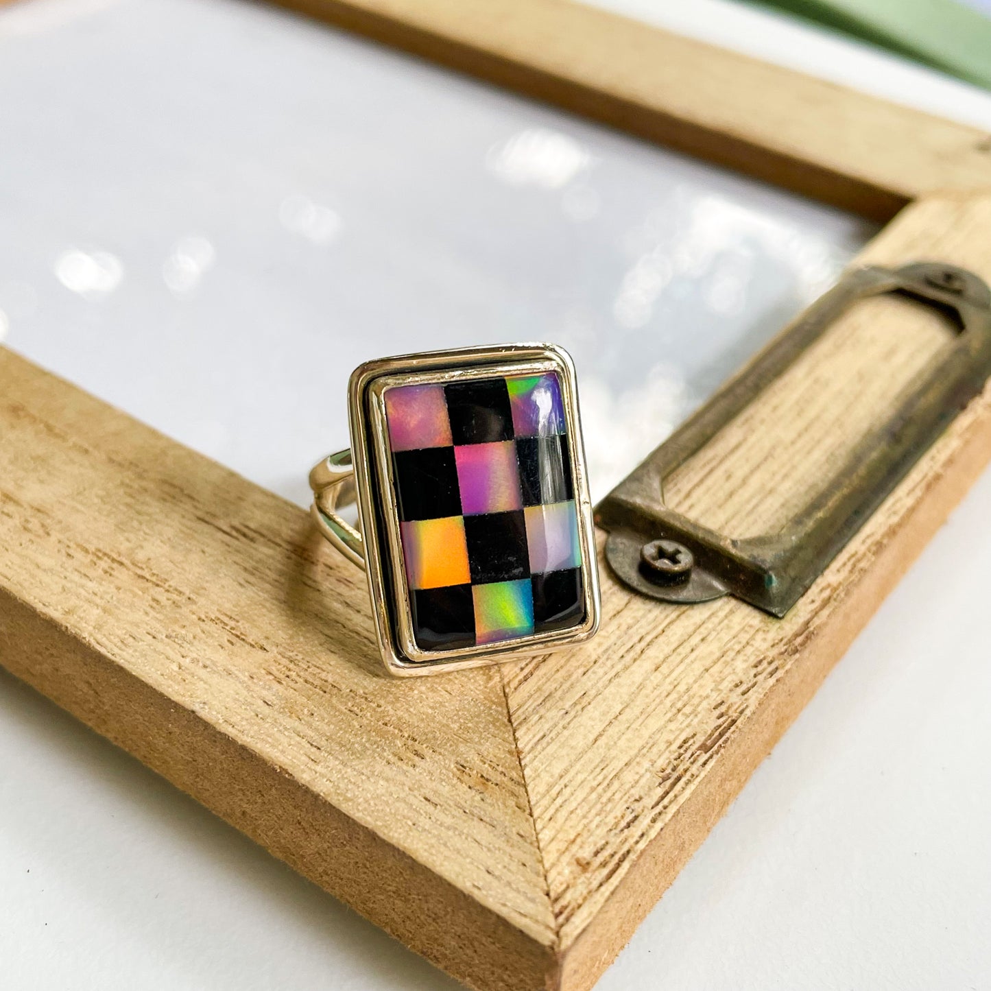 Galaxy Opal & Black Onyx Checker Ring - Solid Sterling Silver