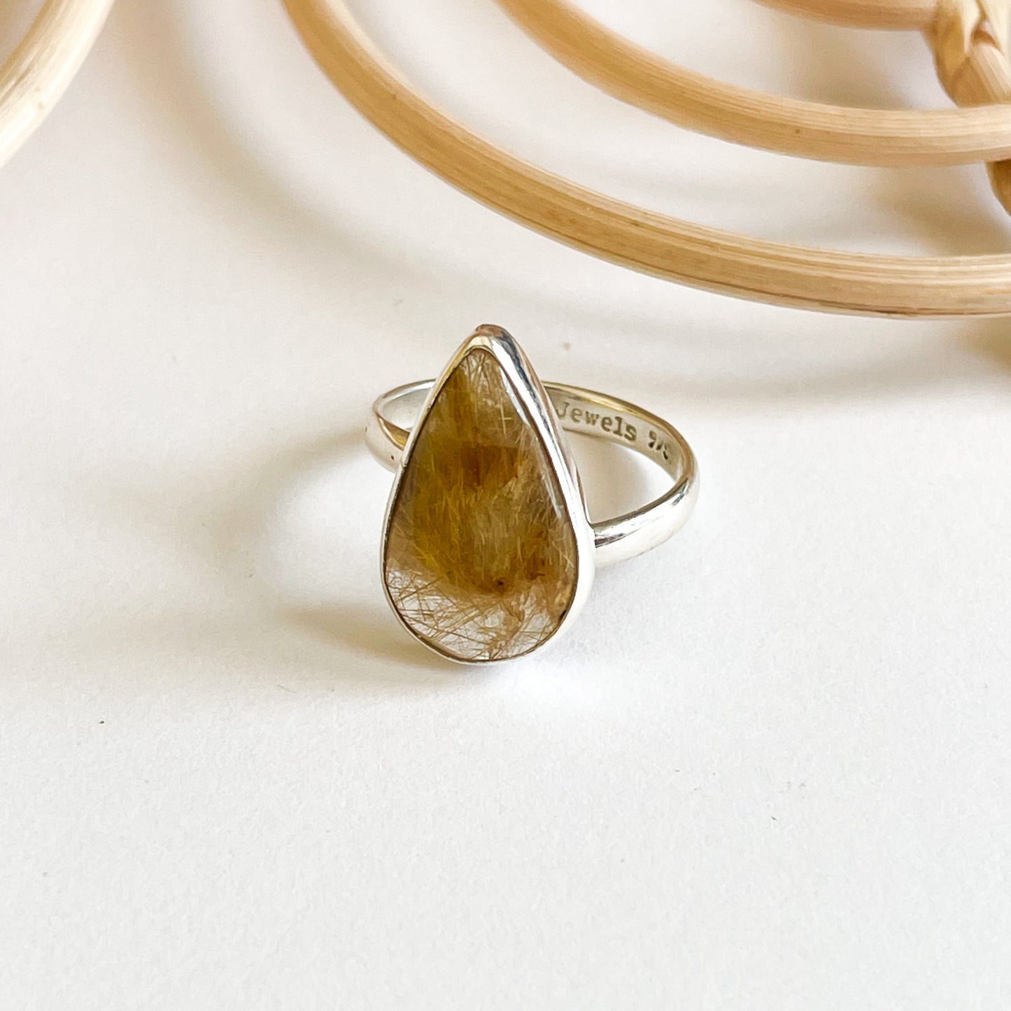 Golden Rutilated Quartz Teardrop Ring - Solid Sterling Silver