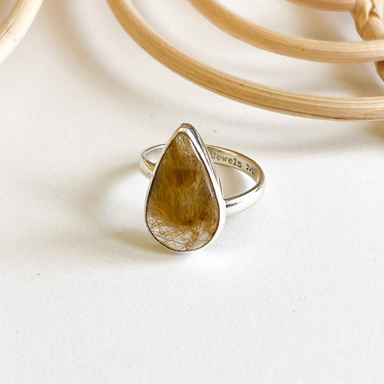 Golden Rutilated Quartz Teardrop Ring - Solid Sterling Silver