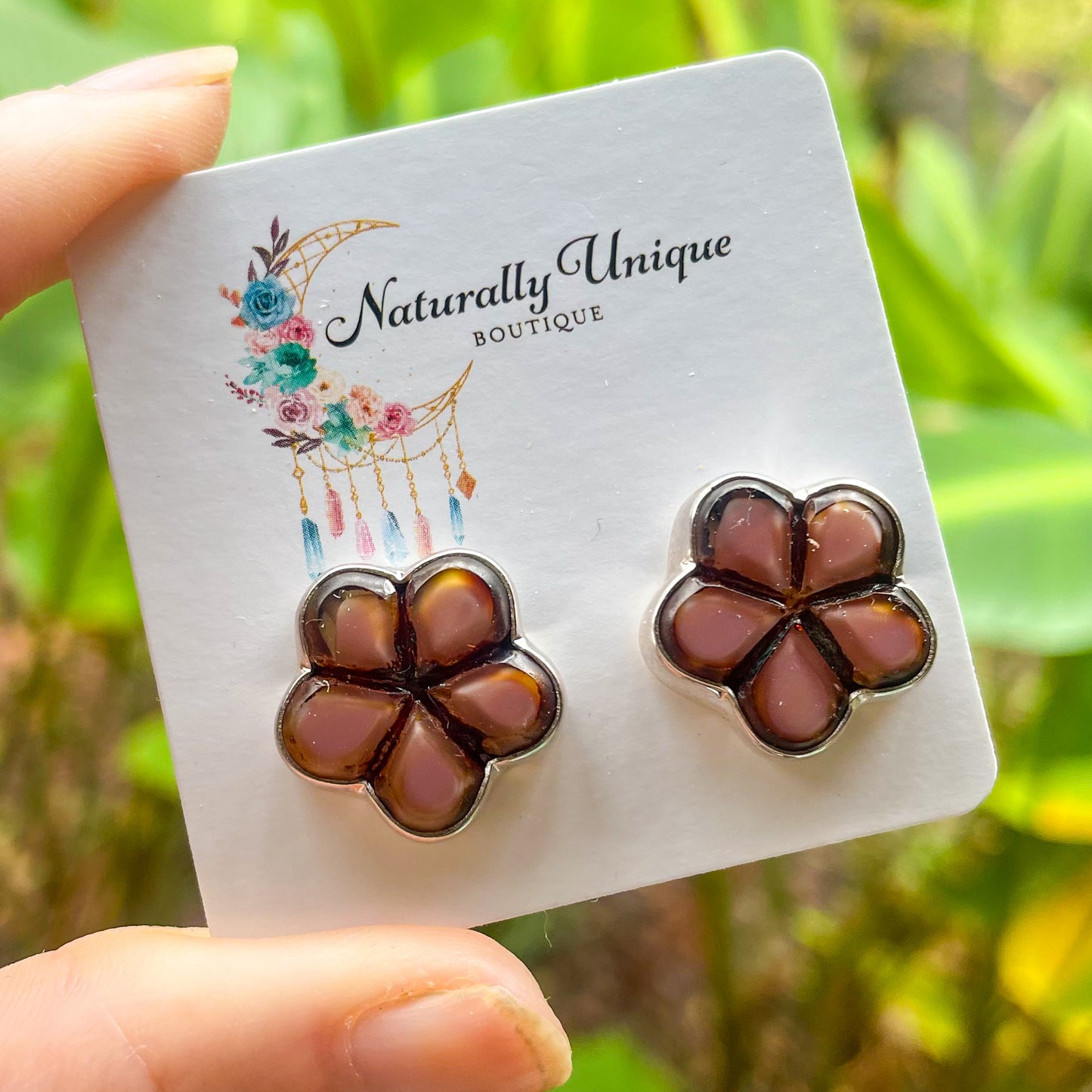 Mauve Glass Flower Studs - Solid Sterling Silver