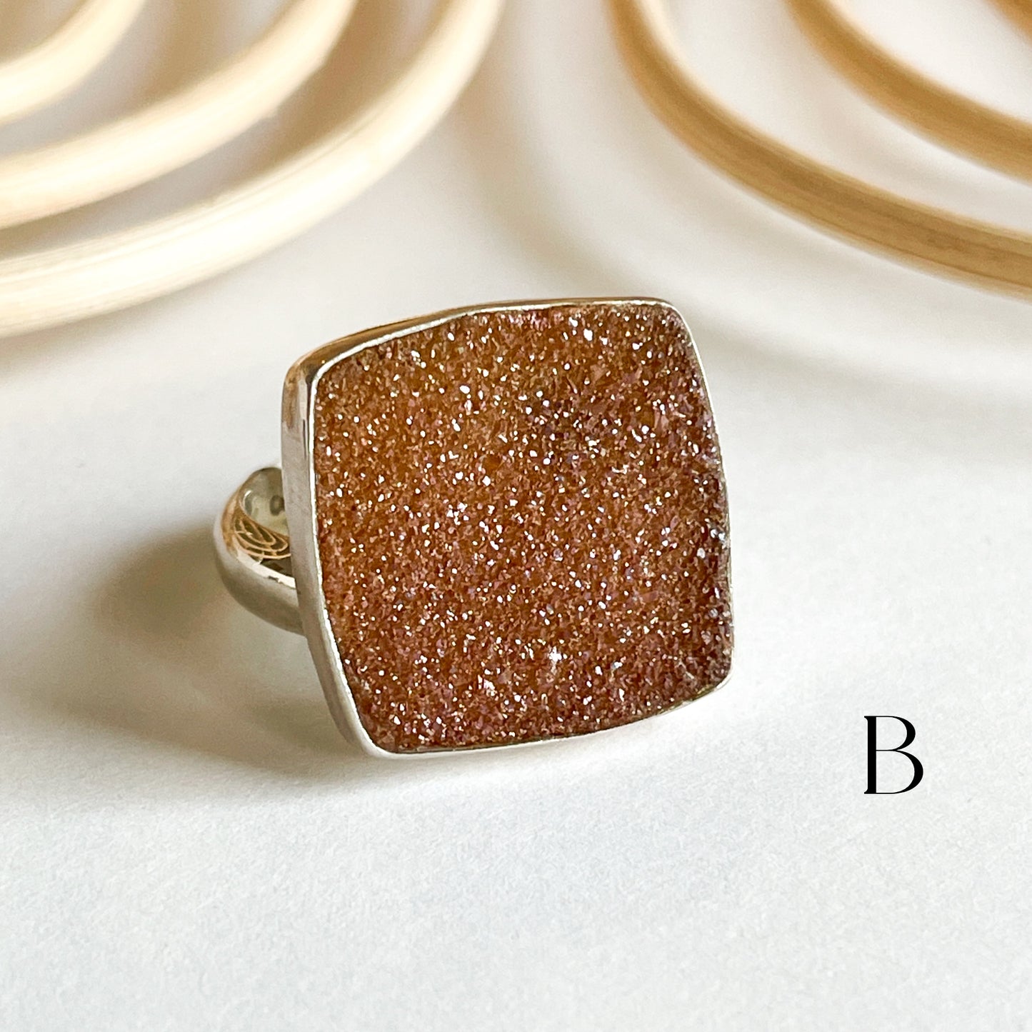 Peach Rough Druzy Ring - Solid Sterling Silver