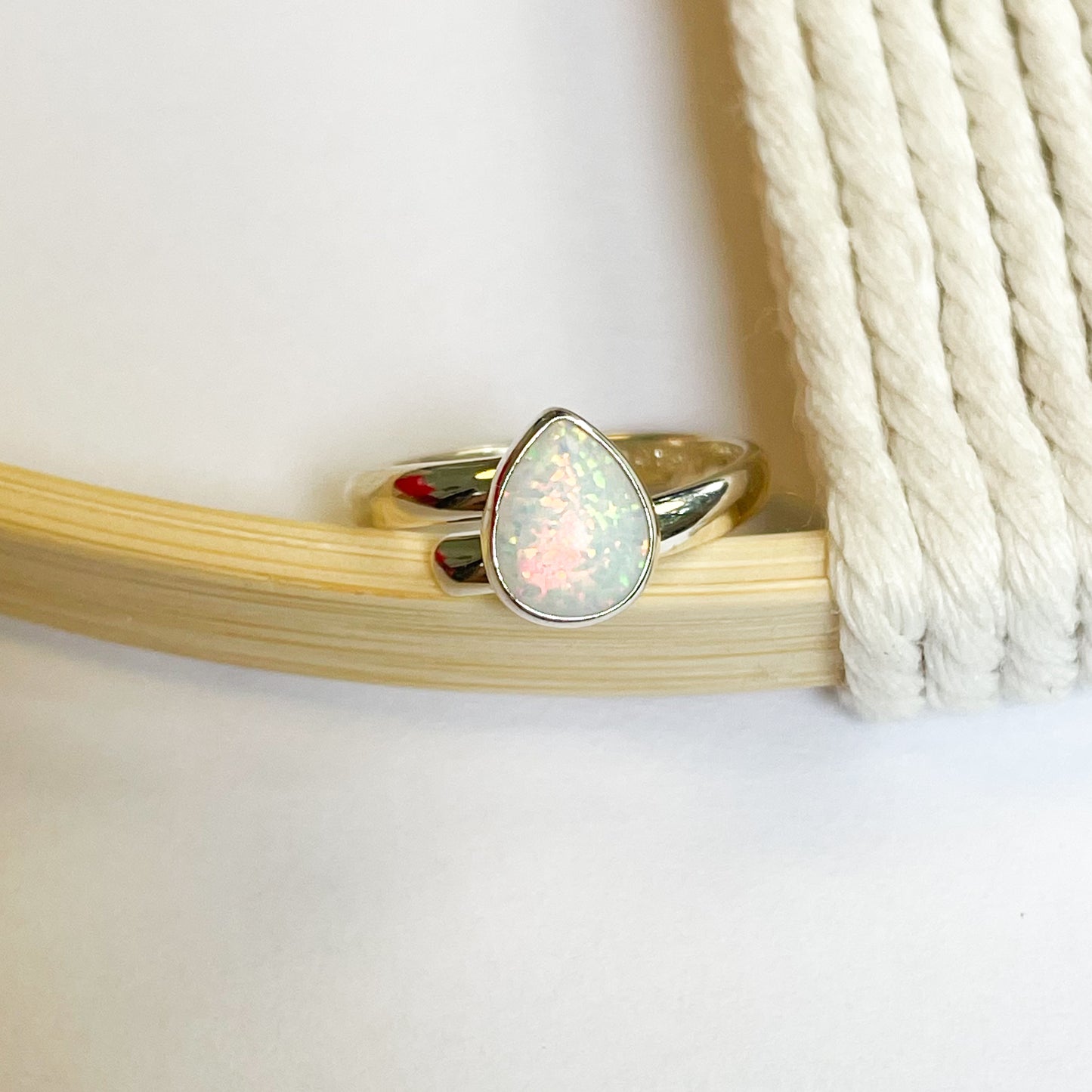 Dainty White Australian Opal Ring - Solid Sterling Silver