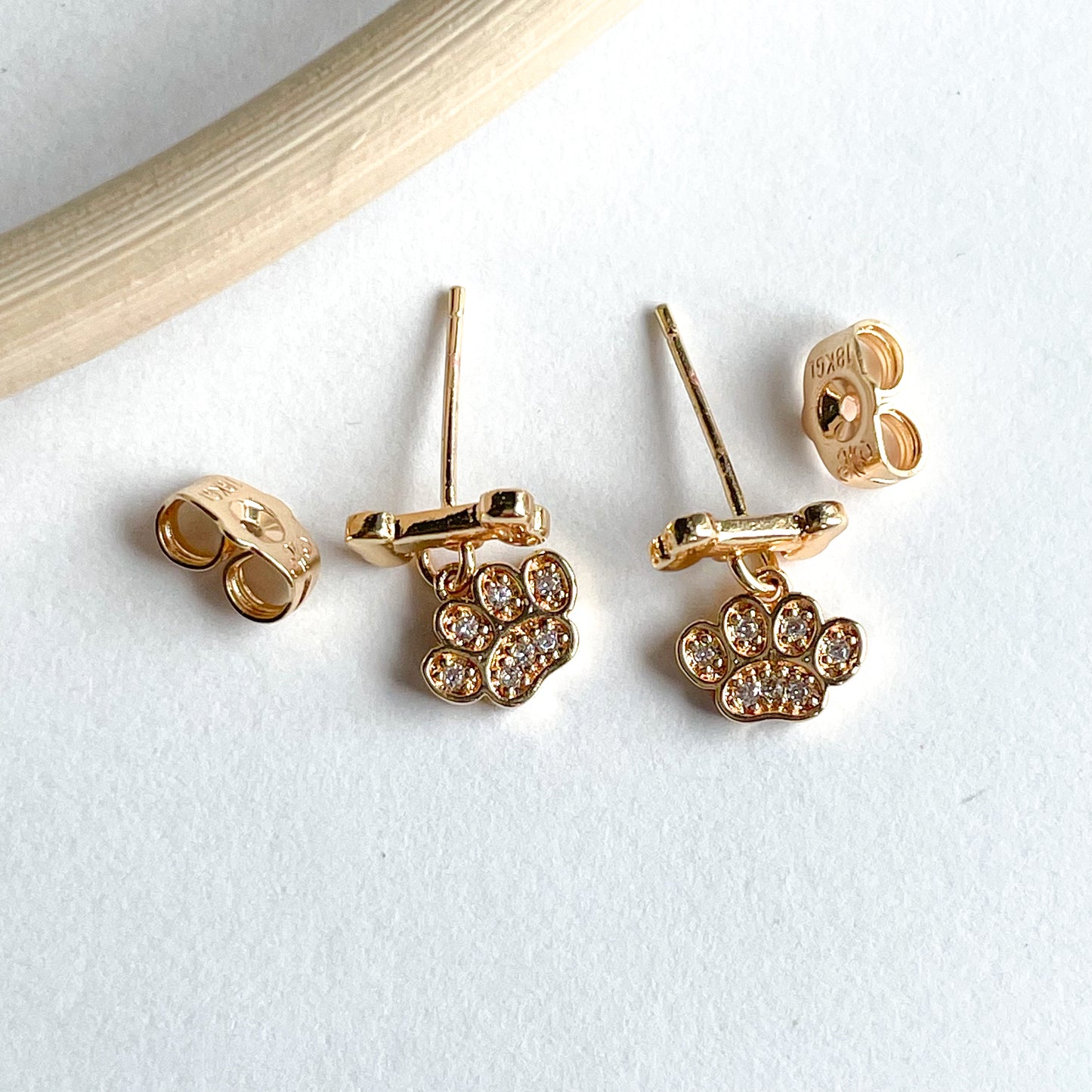 CZ Dog Paw & Dog Bone Stud Dangle - 18k Gold Filled