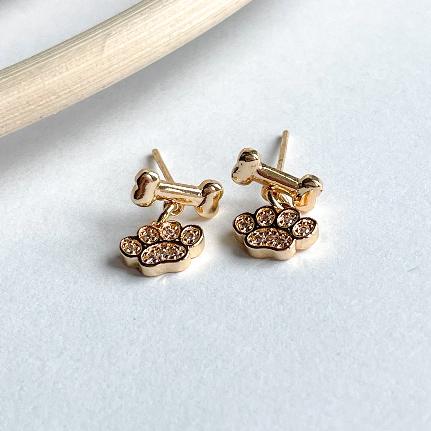 CZ Dog Paw & Dog Bone Stud Dangle - 18k Gold Filled