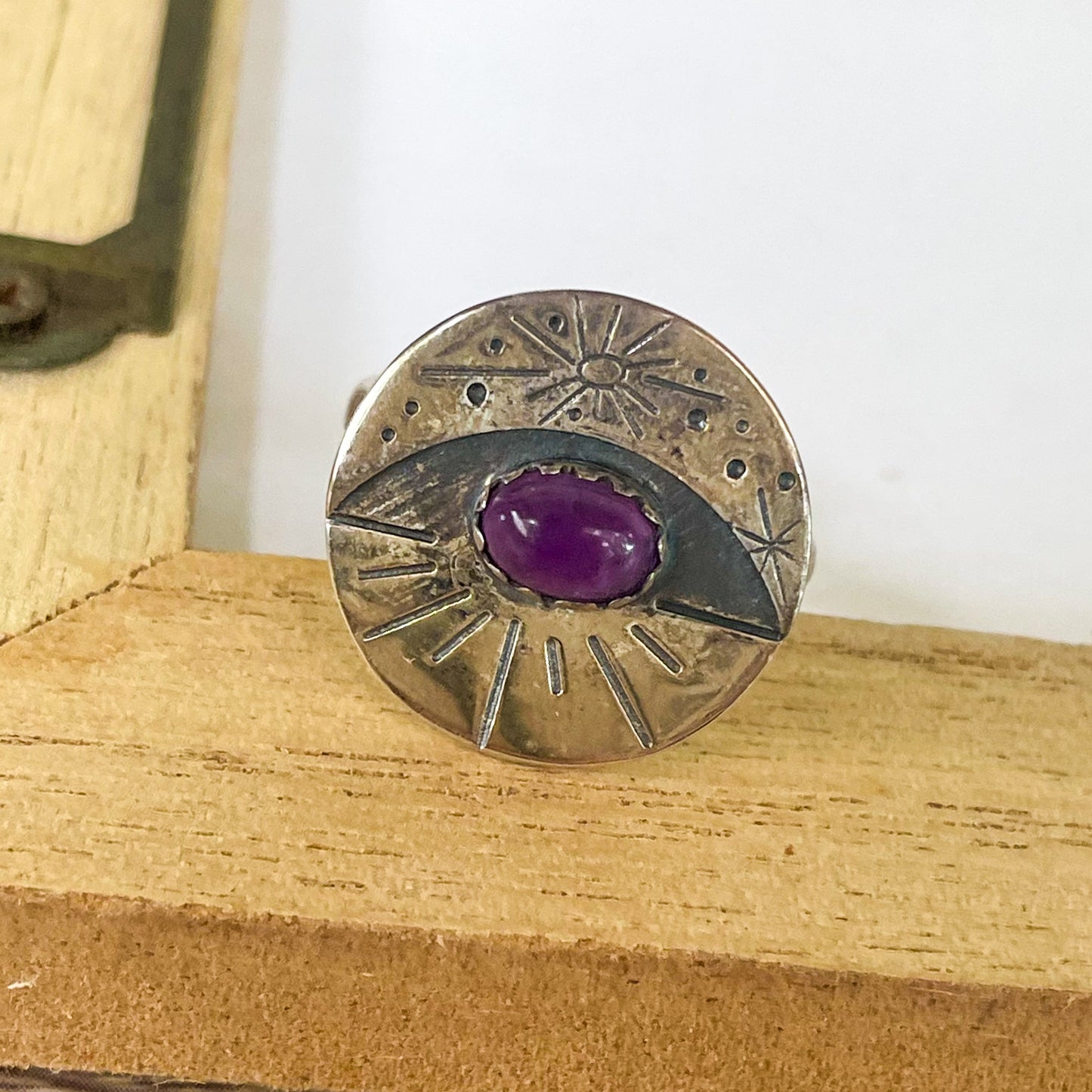 Amethyst Evil Eye Adjustable Ring - Solid Sterling Silver