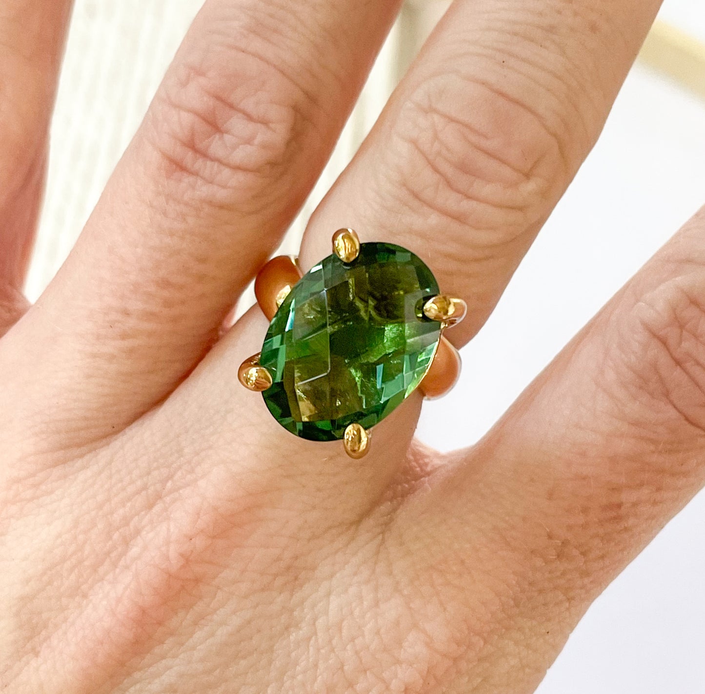 Faceted Oval Green Quartz Prong Ring - Alchemia