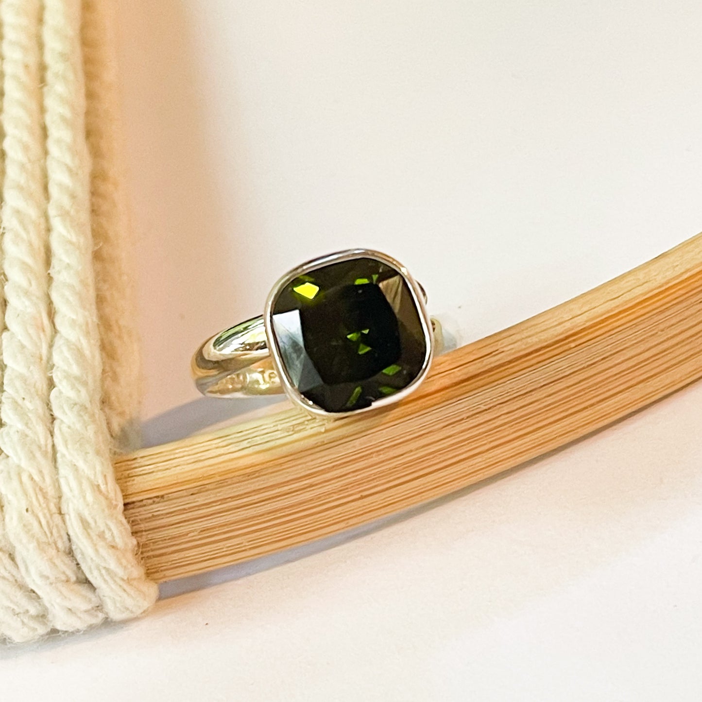 Green CZ Square Bezel Ring - Solid Sterling Silver