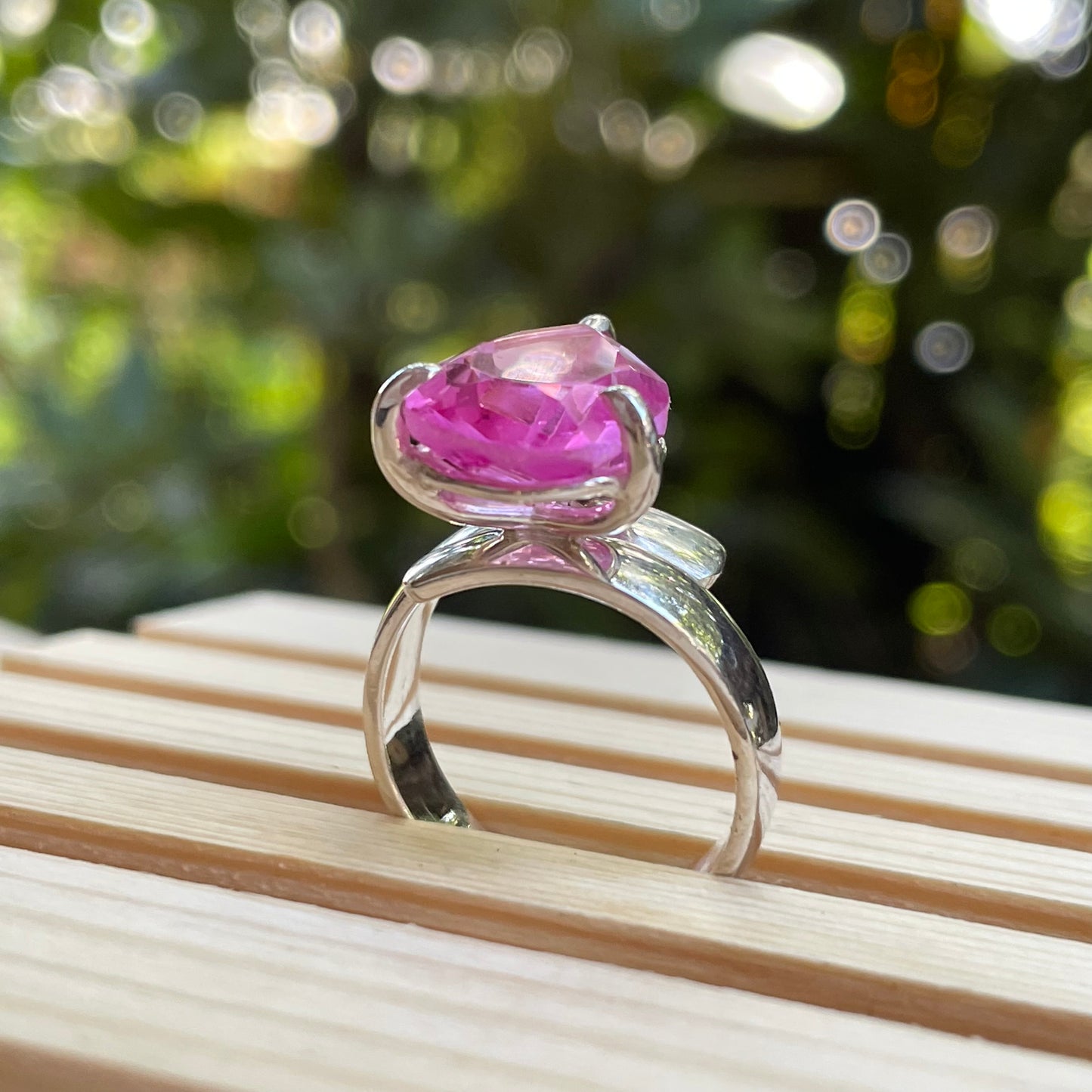 Hot Pink Glass Prong Ring - Solid Sterling Silver