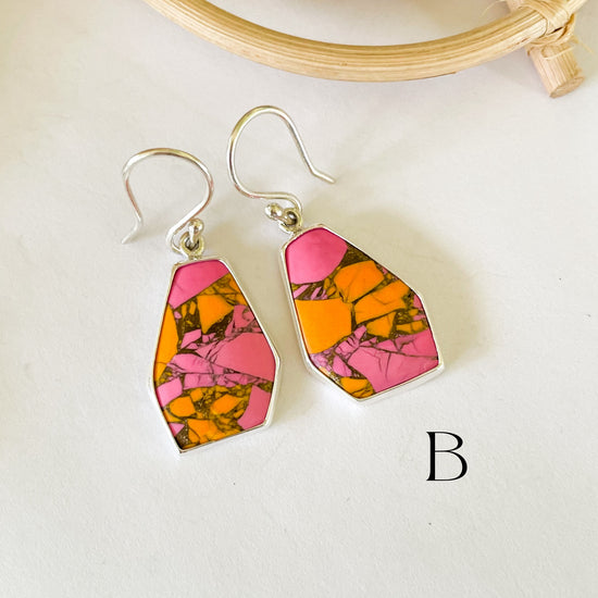 Orange & Pink Jasper Earrings - Solid Sterling Silver