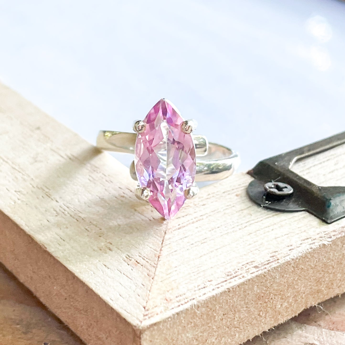 Pink Sapphire Marquise Prong Ring - Solid Sterling Silver