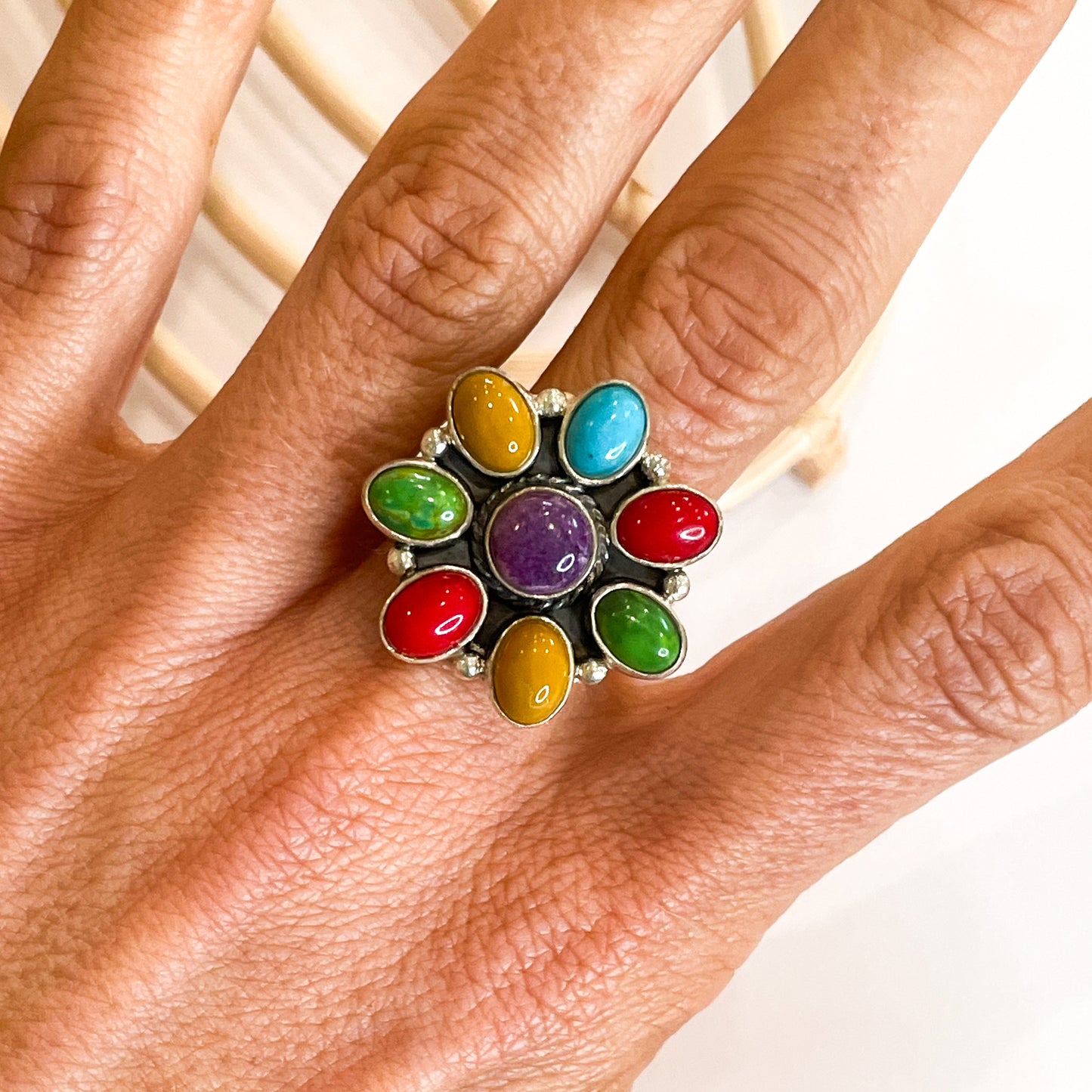 Mutli-Stone Flower Ring - Solid Sterling Silver