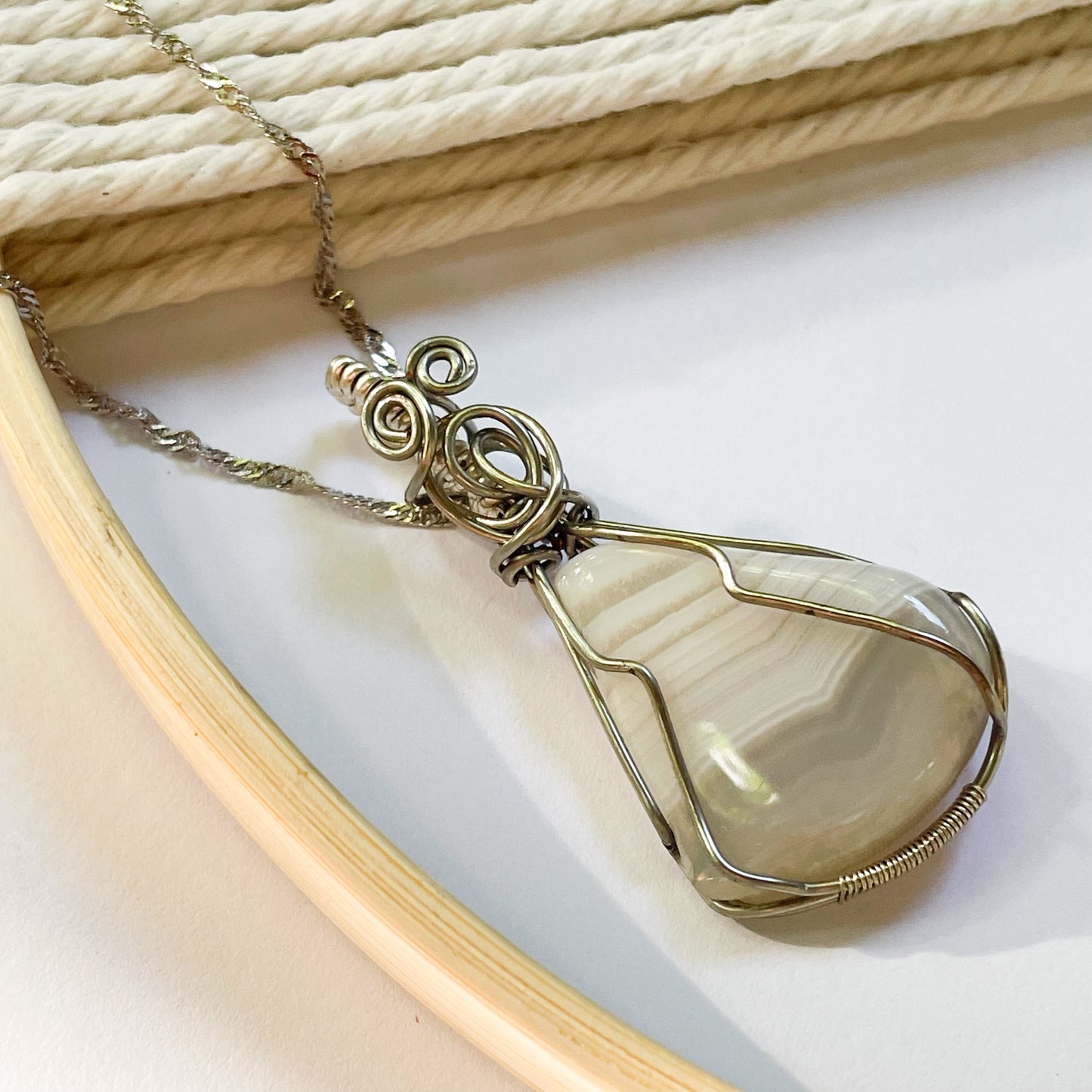 Blue Lace Wire Wrap Pendant - Stainless Steel