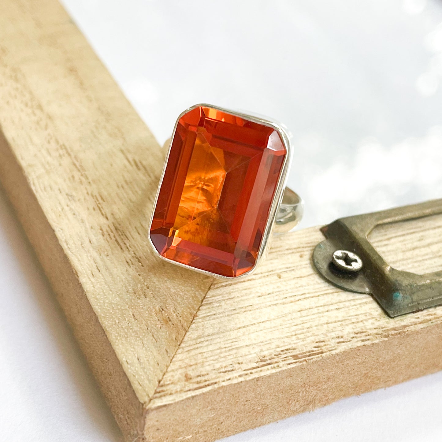 Orange Titanium Treated Quartz Bezel Ring - SSS