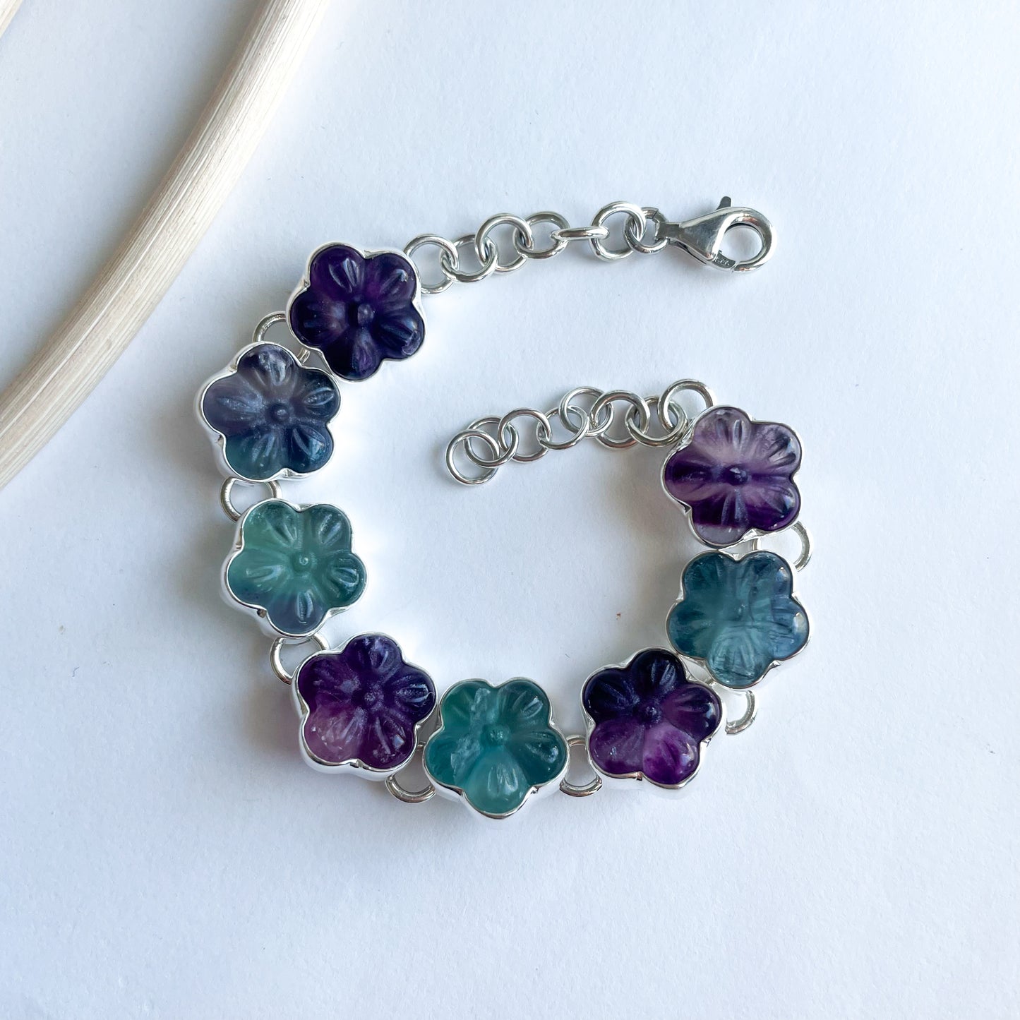 Fluorite Flower Bracelet - Solid Sterling Silver