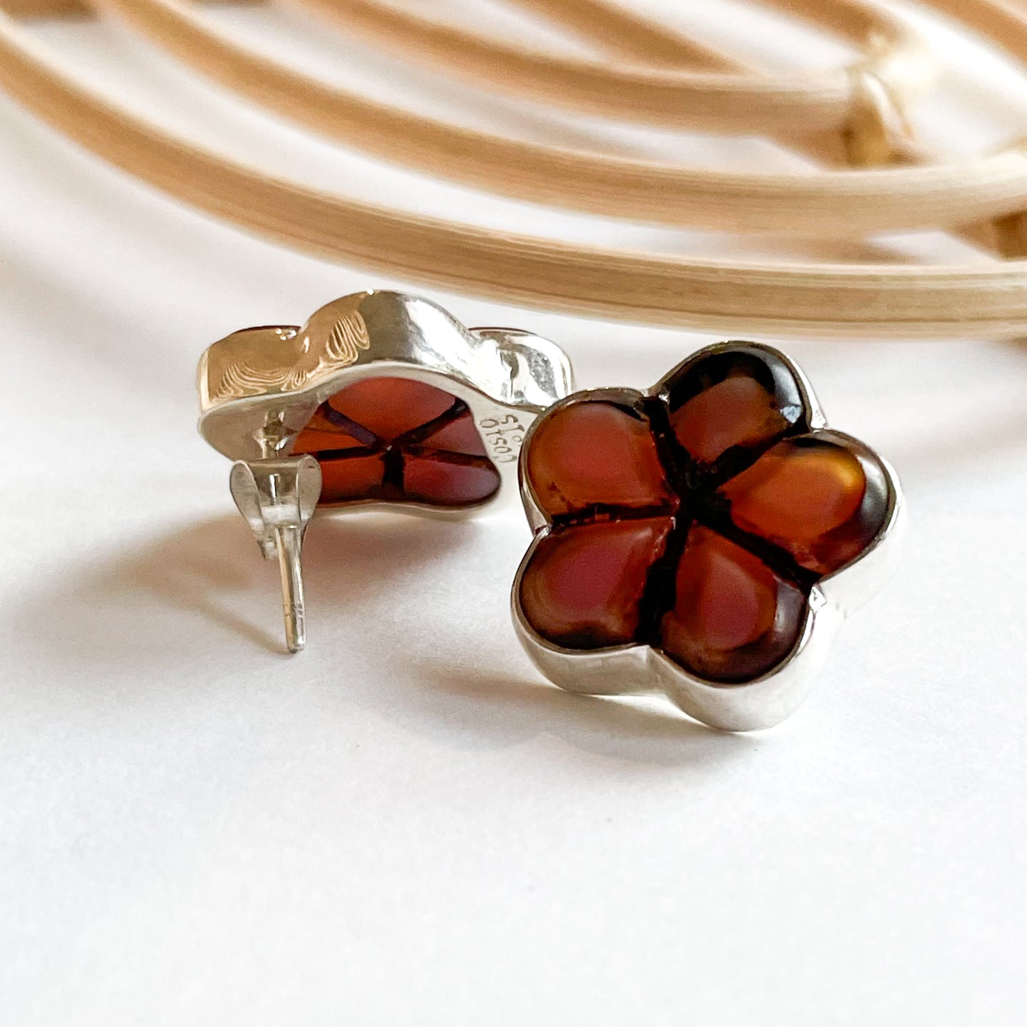 Mauve Glass Flower Studs - Solid Sterling Silver