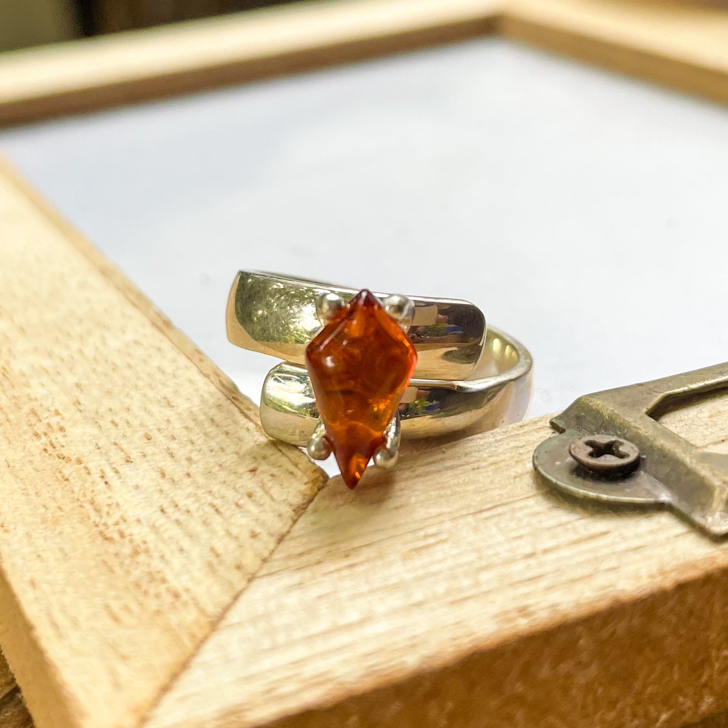 Amber Kite Prong Ring - Solid Sterling Silver