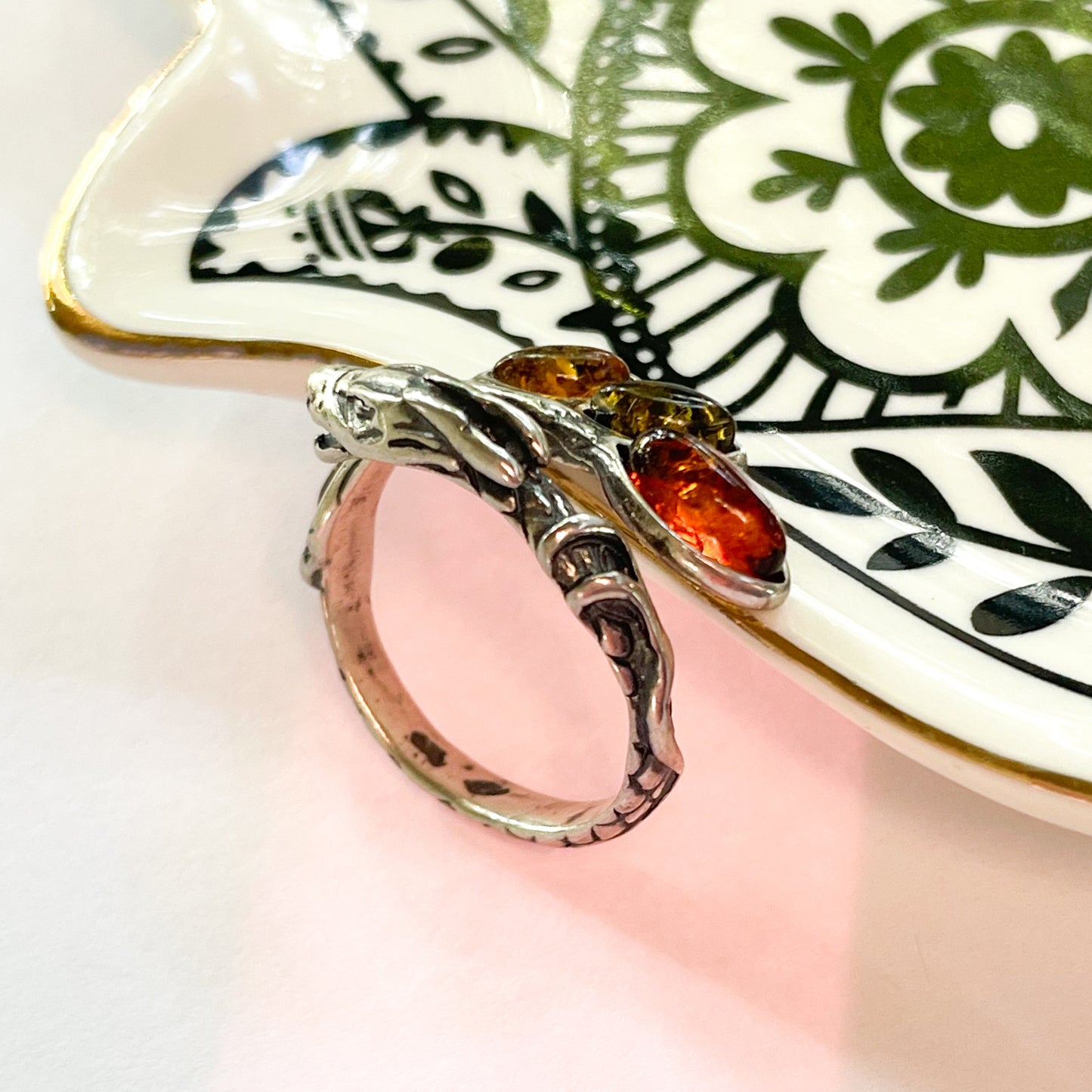 Dragon Amber Bypass Ring - Solid Sterling Silver