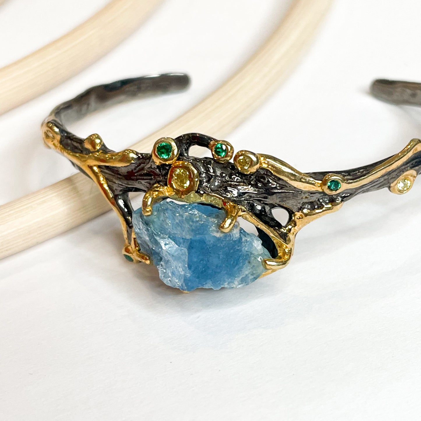 Aquamarine Gemstone Cuff - Solid Sterling Silver + 22k Gold