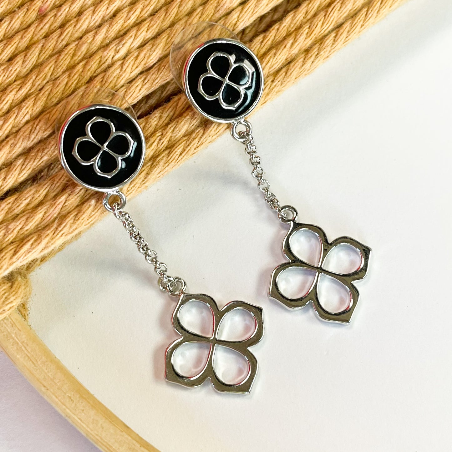 4 Petal Flower Dangle Earrings - Rhodium